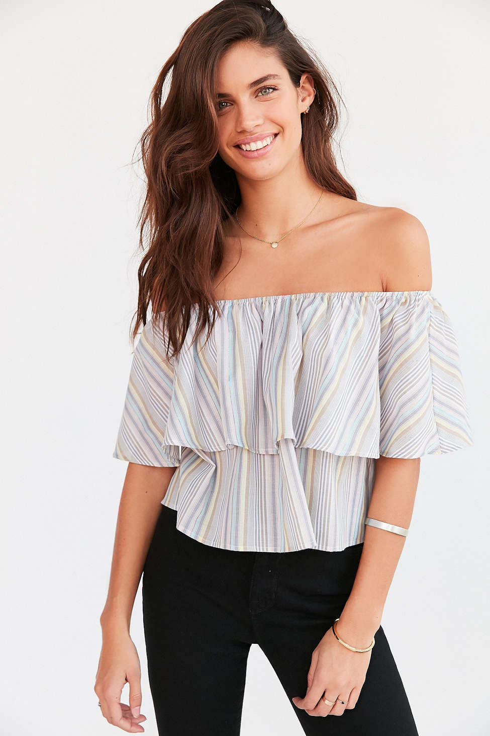 Urban Outfitter's Raquel Ruffle Stripe Off-The-Shoulder Blouse ($24.99)