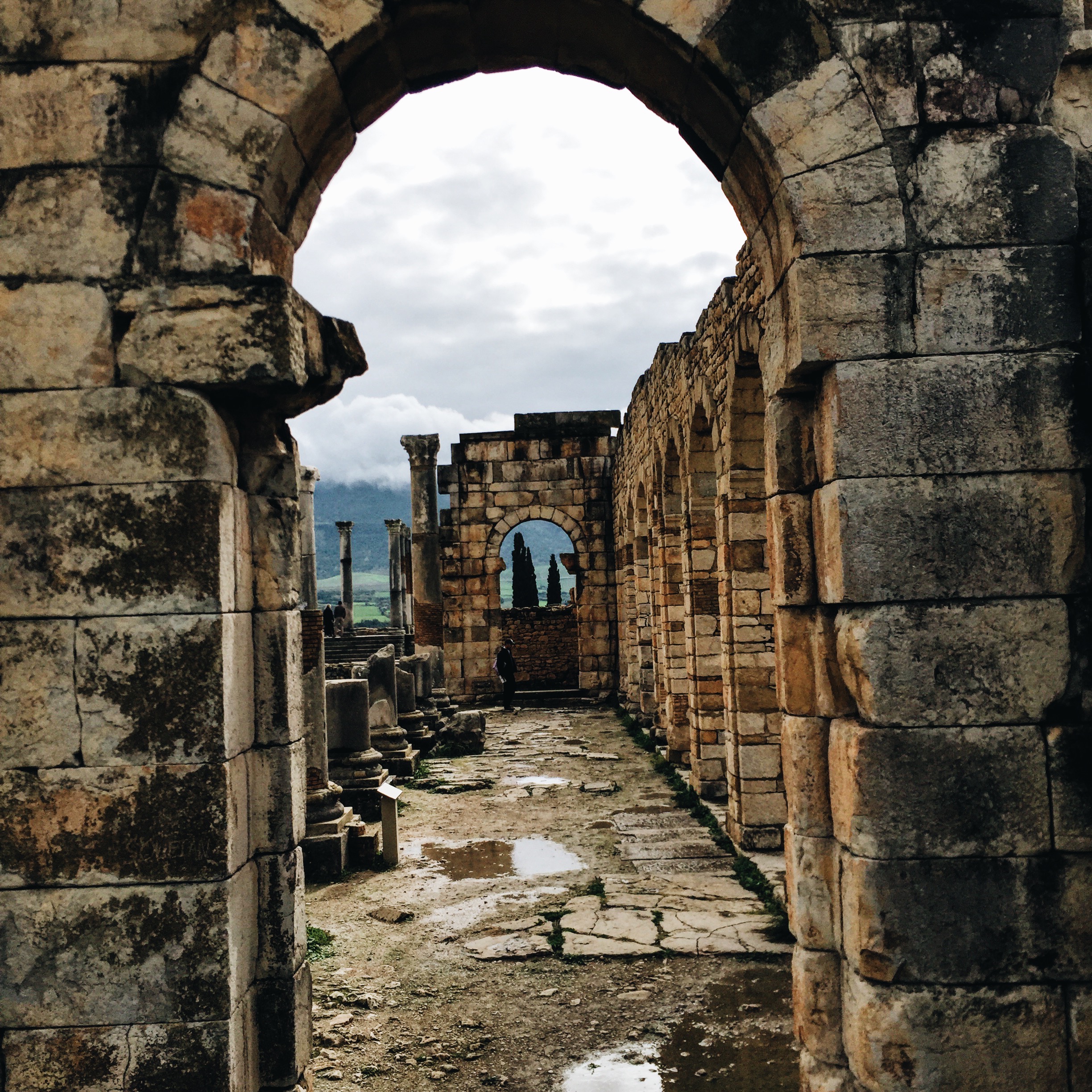 Roman ruins in the town of Volubilis which marked the western extent of the Roman empire in N. Africa.