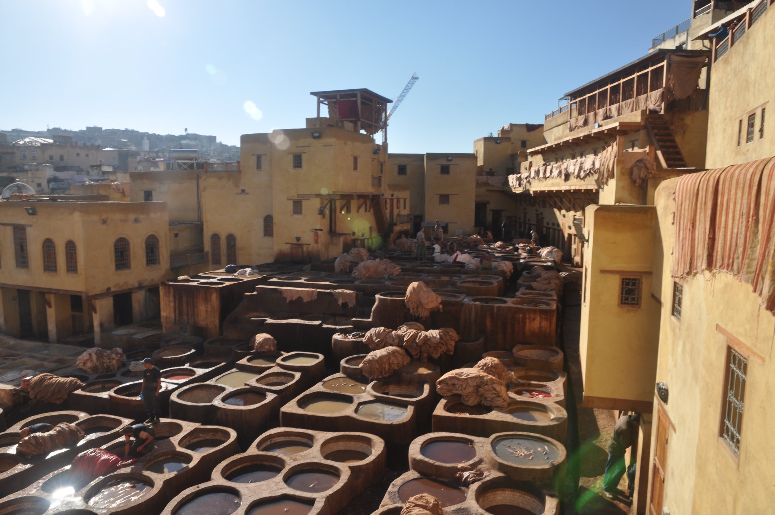 Fes is known for its artisanal goods, including leatherwork. Here the skins are treated and set to dry in the sun before being dyed and cut. 