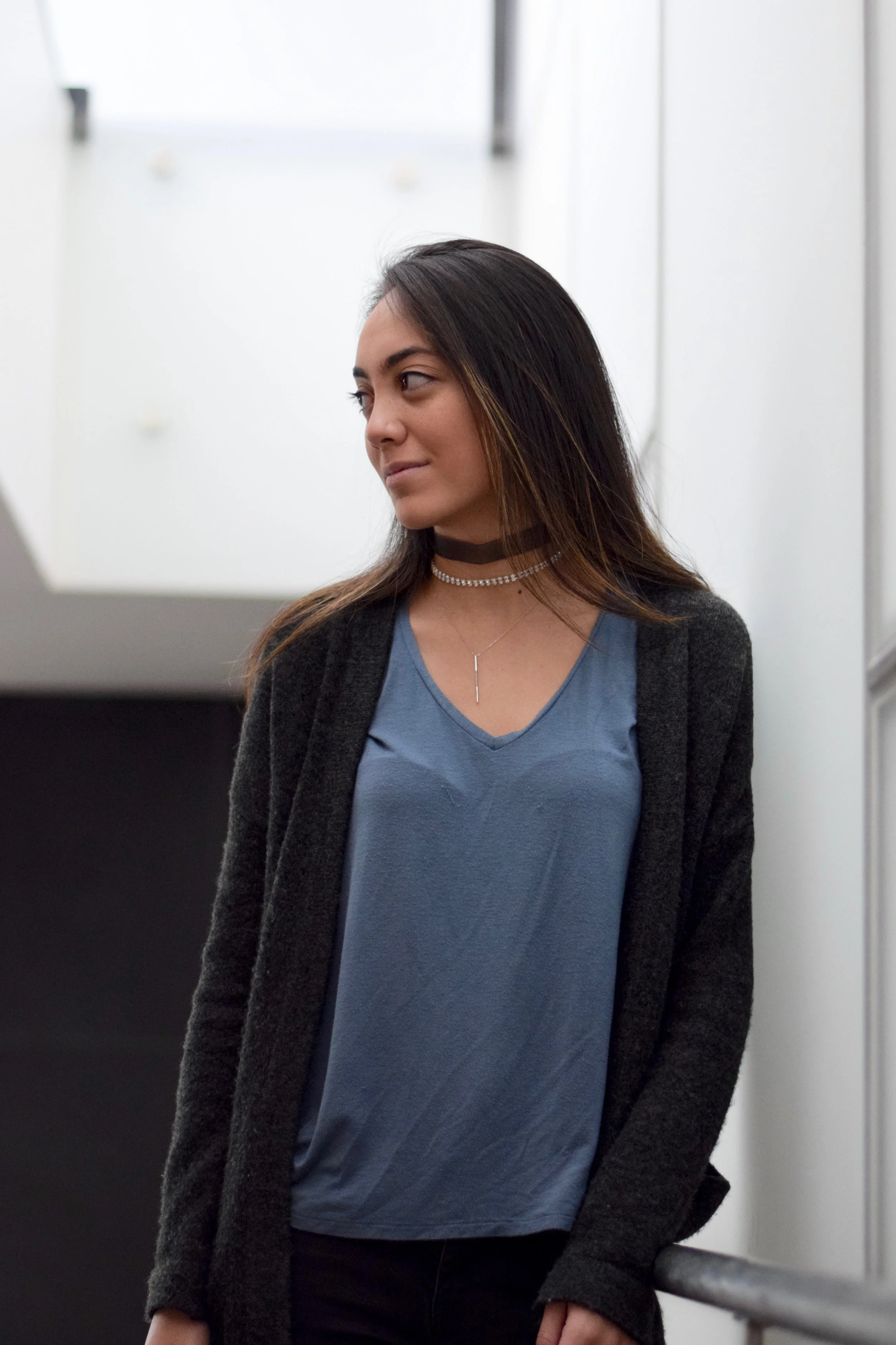 Shereen is wearing The Kate with a crystal choker.
