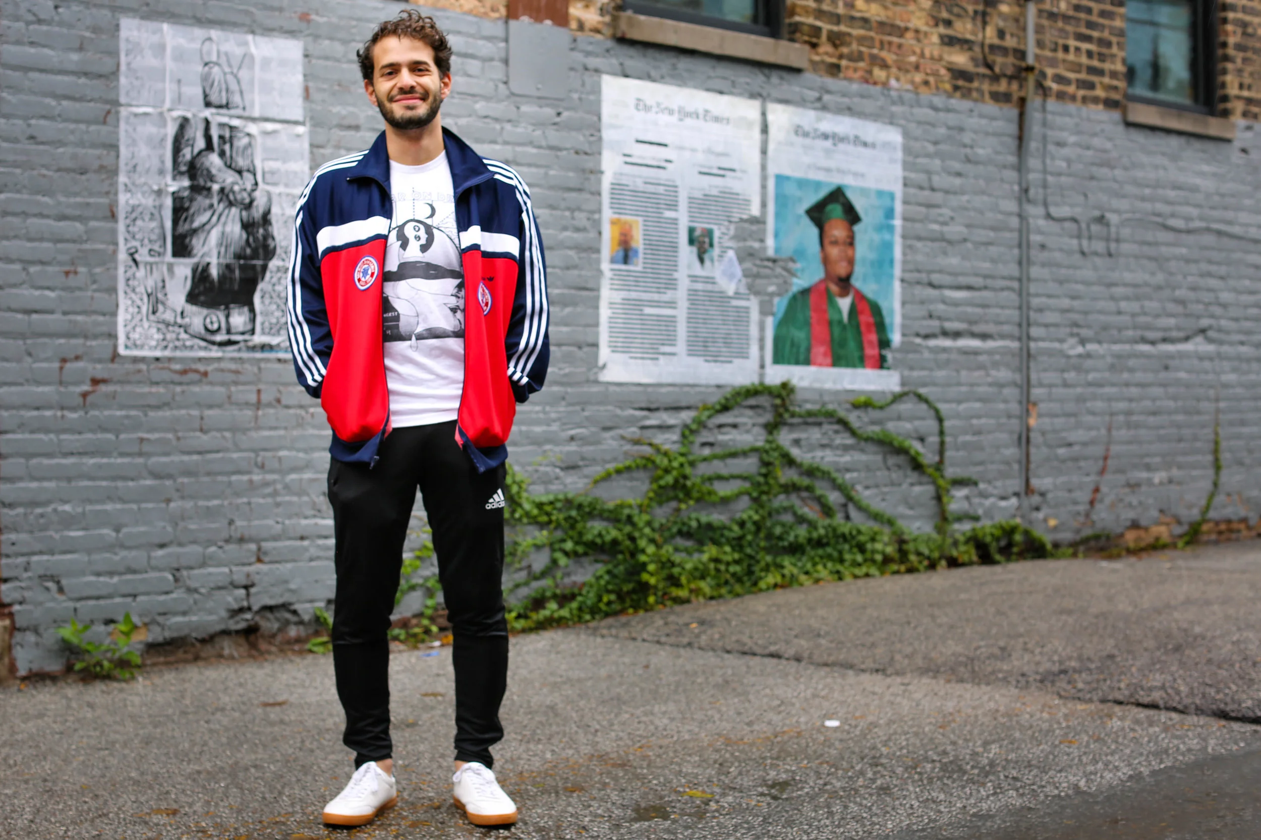 Here I'm wearing sneakers from Boohooman (cheap but really versatile), Adidas joggers, and an original 1985 Maccabi Games zip-up I thrifted in Philadelphia.