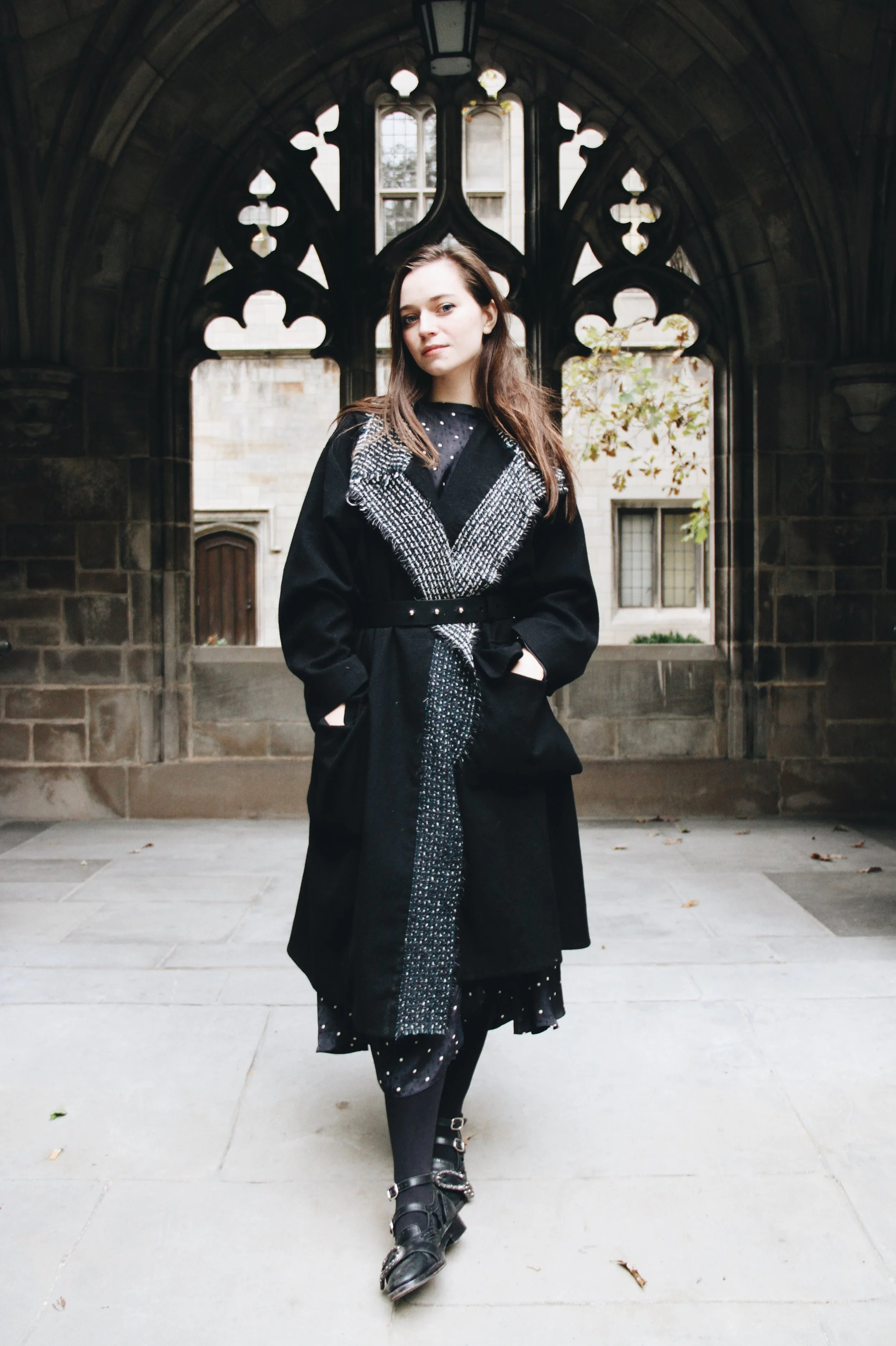 For my other look, I’m wearing a Topshop Boutique dress, Gucci shoes and rings, and Nina Ricci coat.