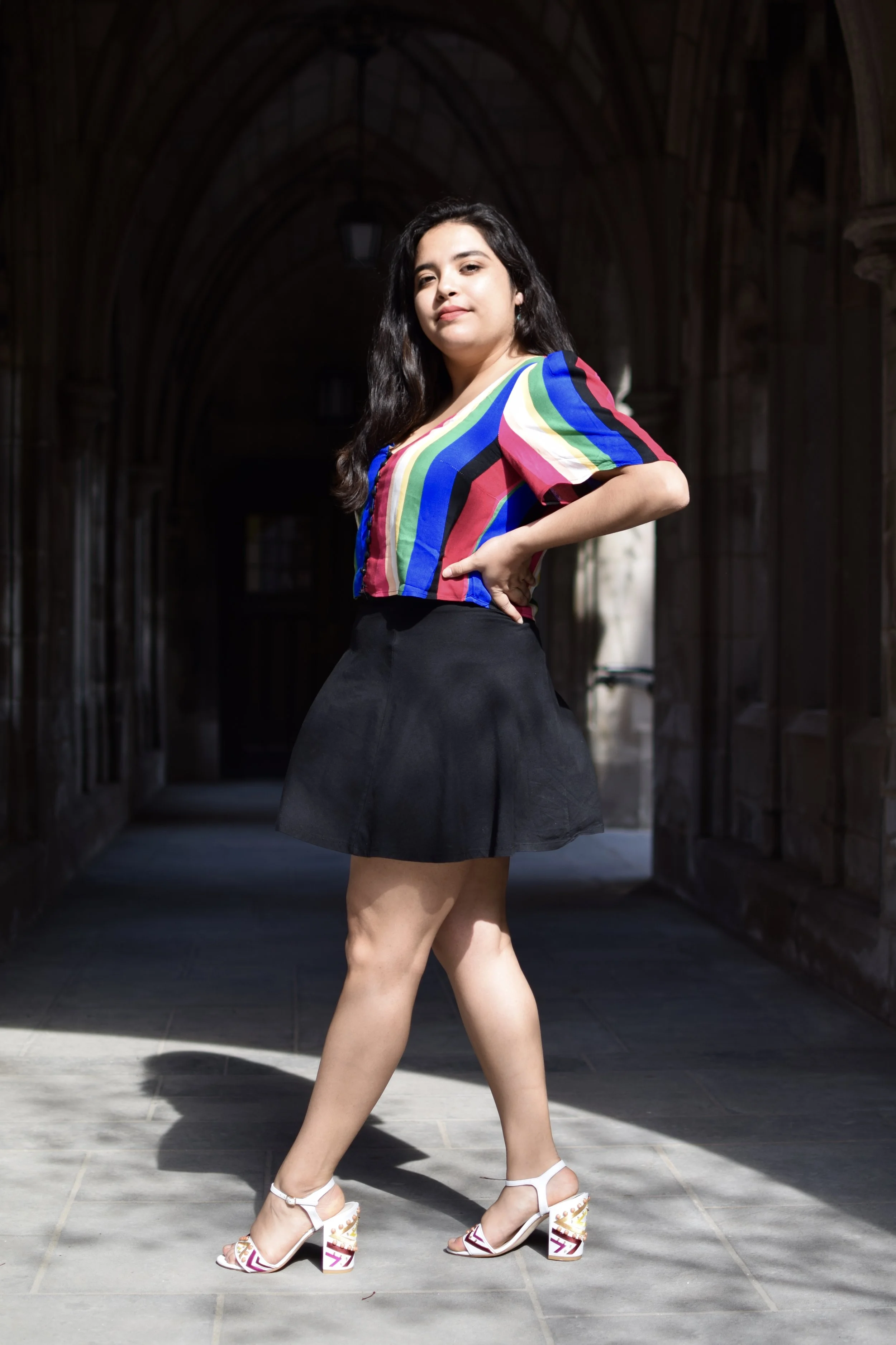 I’m wearing a top and skirt from Forever 21, earrings from a vendor in Pilsen, and shoes I got at an amazingly inexpensive outlet from Stuart Weitzman. 