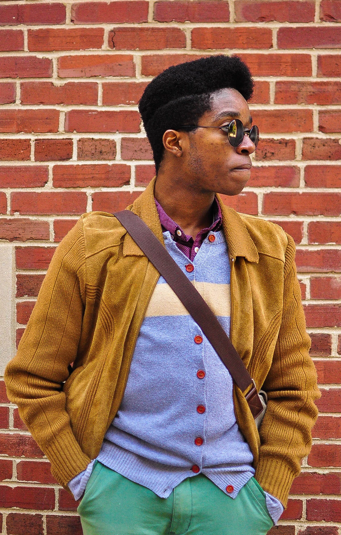 I'm wearing a jacket I got from a thrift shop in Nashville while I was visiting a friend. I've got one of my cardigans on, and one of my favorite shirts from a department store in Phoenix, where I'm from. The rest is off Amazon, but I'm trying to phase that out.
