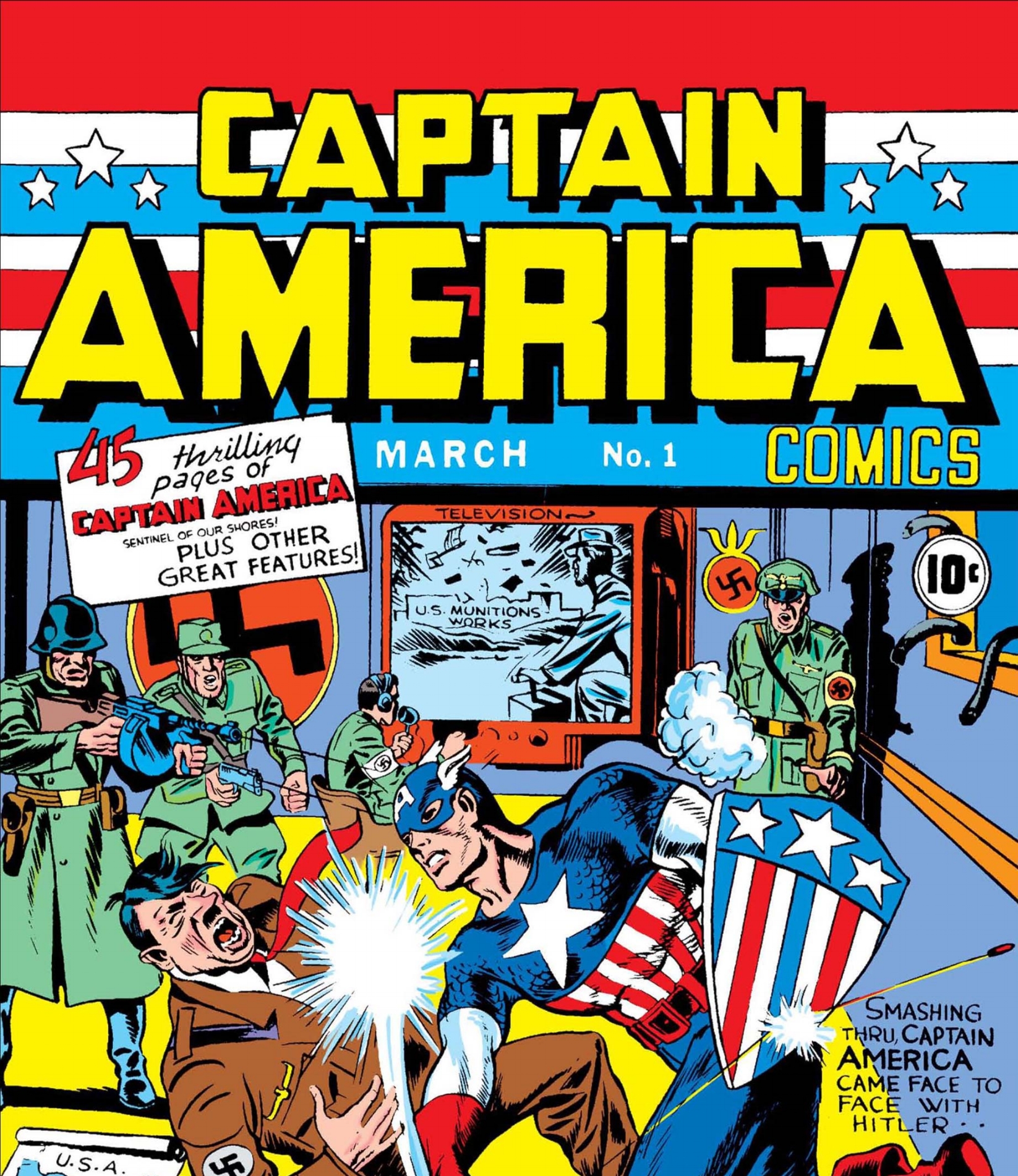 Captain America’s debut cover featured him punching Hitler in the face. Image via