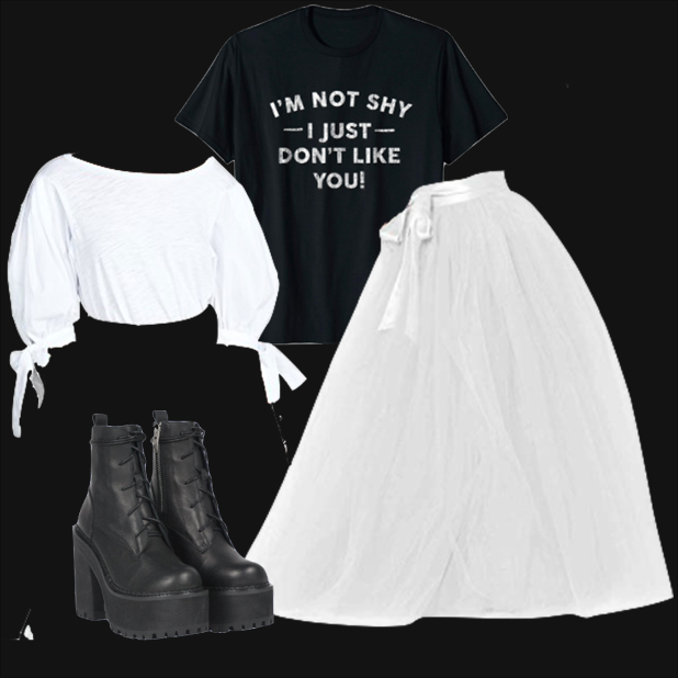  Steamer Tees I’m Not Shy I Just Don’t Like You T Shirt- Introverts Funny in Black $19.99 www.amazon.com  Lisong Women Floor Length Bowknot Tulle Party Evening Skirt in White $40 www.amazon.com  UNIF Choke Boot $172 www.unifclothing.com  Cinq a Sept 