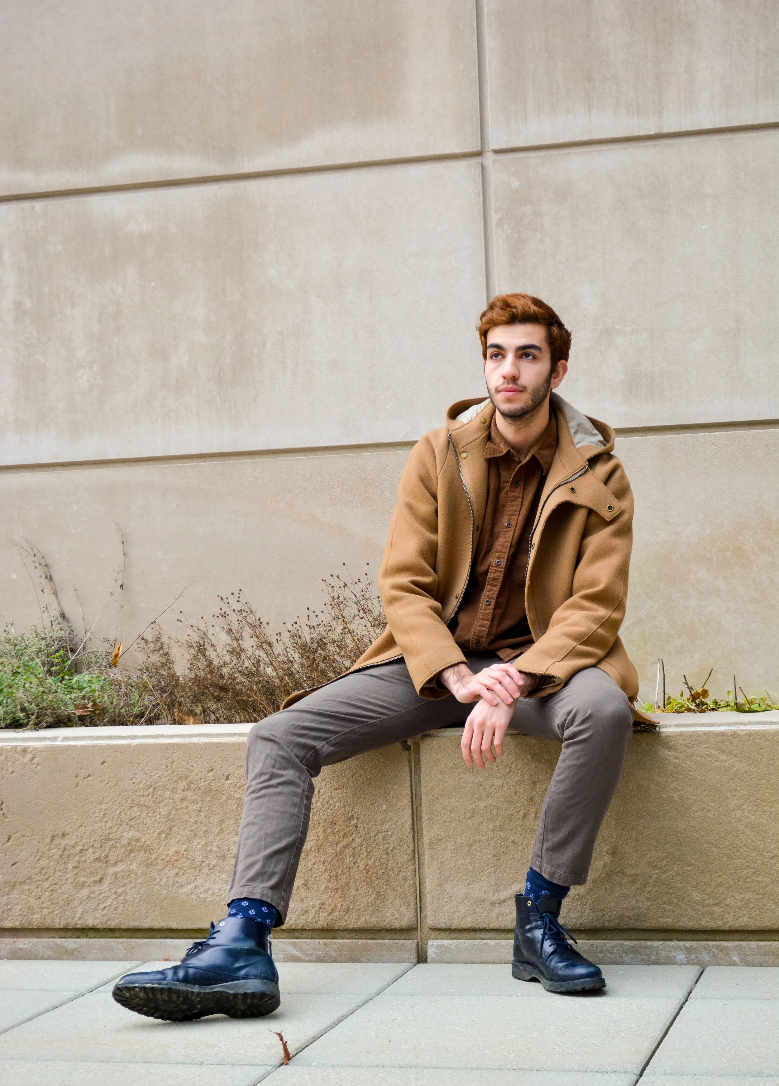 Outfit 2: Acne hooded trench coat, Uniqlo corduroy button-down, Philipa K chinos, Want leather boots