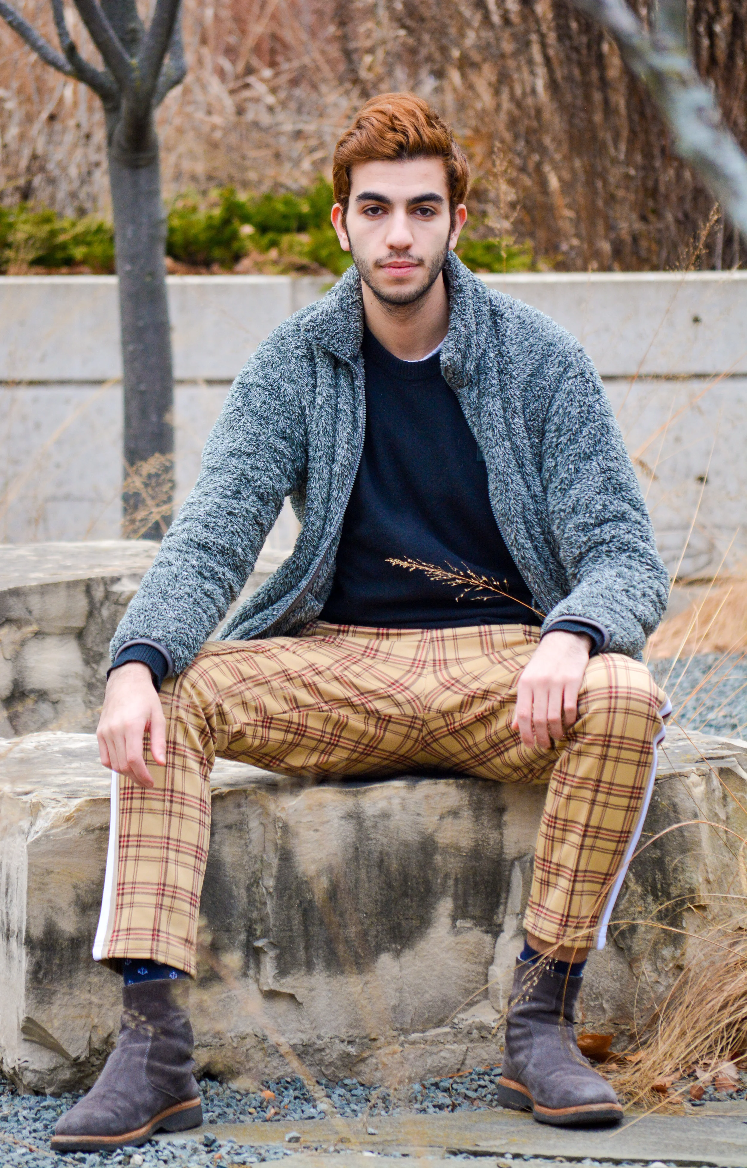 Outfit 1: Faux fur Uniqlo jacket, Acne logo sweater, Urban Outfitters plaid track pants, Want shearling boots