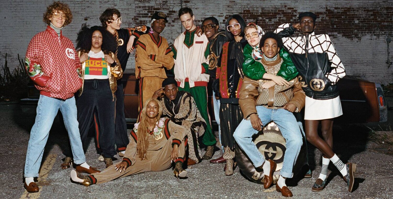 A campaign photo from Gucci’s collaboration with Dapper Dan, the man who is arguably responsible for setting Michele on the path toward Fake/Not. Image  Via