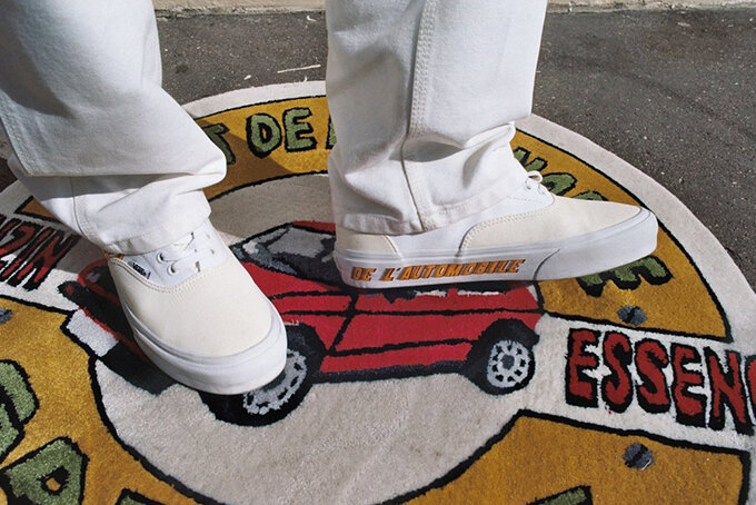 L’ART DE L’AUTOMOBILE collaboration with VANS is laden with delightful details, such as “GAS” and “BRAKE” printed on the bottom of the shoes, and a tag which reads “LA-777-RT”, alluding to a French number plate. Image  Via