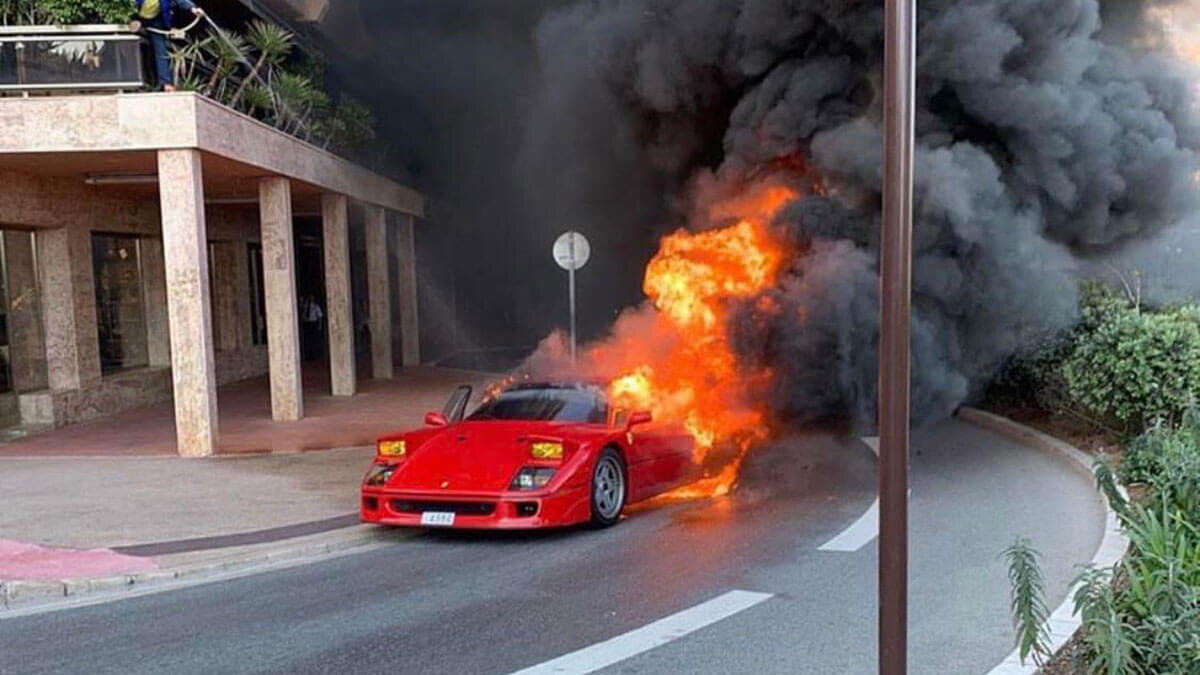 A $1 million Ferrari F40 that burnt to the ground in Monaco earlier this year is immortalized on a L’ART tee shirt and sticker. Image Via
