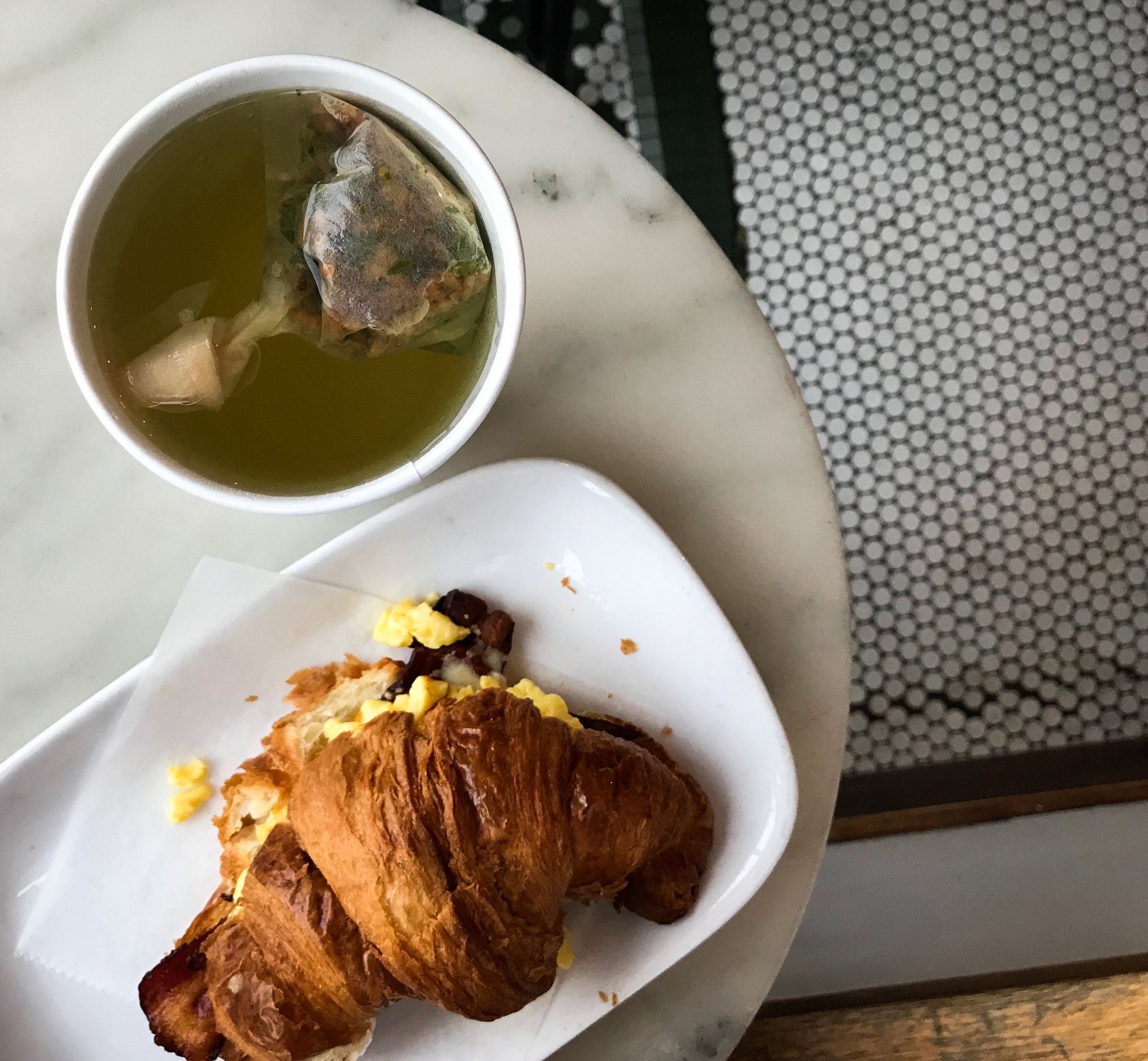  The 5 main food groups, as far as I'm concerned: genmaicha green tea, croissants, cheese, and eggs. Not pictured: dumplings. Also not pictured: NPR and podcasts on the importance of slowing down. 