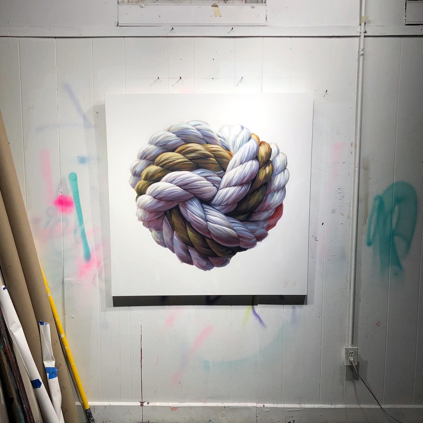 Love Knot, 48&rdquo;x48&rdquo;, 2019, 2020

Rope is a low tech tool. It is common. When you work with rope you use your hands. Two different colored lengths of rope have been pulled and squeezed together. As a result, they have become one whole. Unit