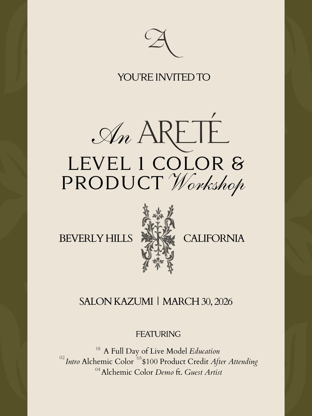 🌿Calling all hairstylists!🌿
3/30 Monday 10am-2:30pm 
We are excited to announce that Salon Kazumi is hosting an ARET&Eacute;: Alchemic Color &amp; Product Workshop!

The certification workshop takes you through Aret&eacute;&rsquo;s ammonia-free col