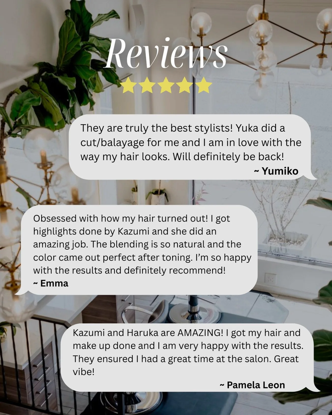 ✨ The reviews speak for themselves! 

At Salon Kazumi, our stylists pour their heart into every cut, color, and look. Thank you to our lovely clients for trusting us &mdash; we can&rsquo;t wait to see you again! 💛 

#lasalon #HairSalon #yelpreview #