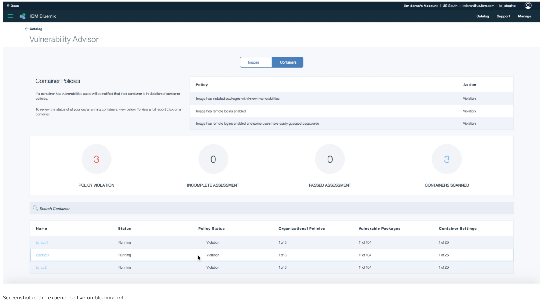  Screenshot of the experience live on bluemix.net 