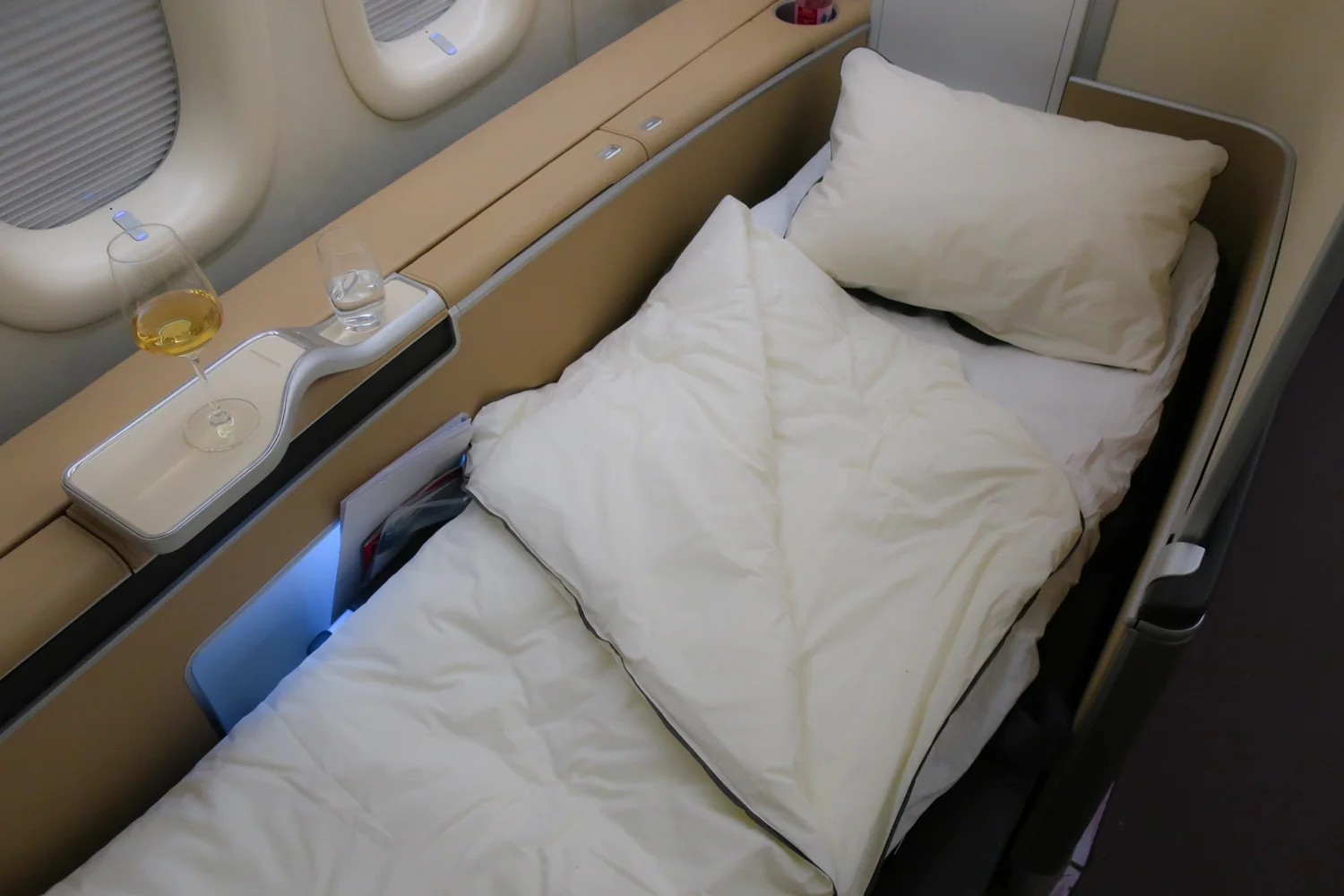Seat in Bed Position - Lufthansa First Class Photo: Calvin Wood