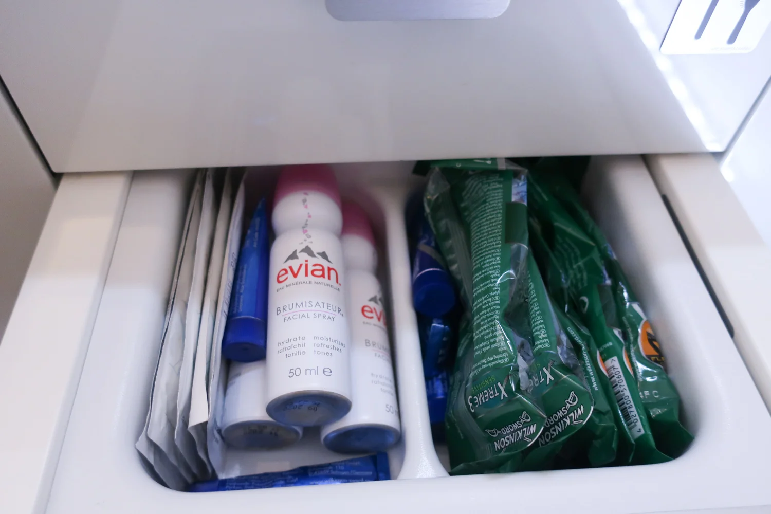Drawer Contents - First Class Bathroom Lufthansa Photo: Calvin Wood