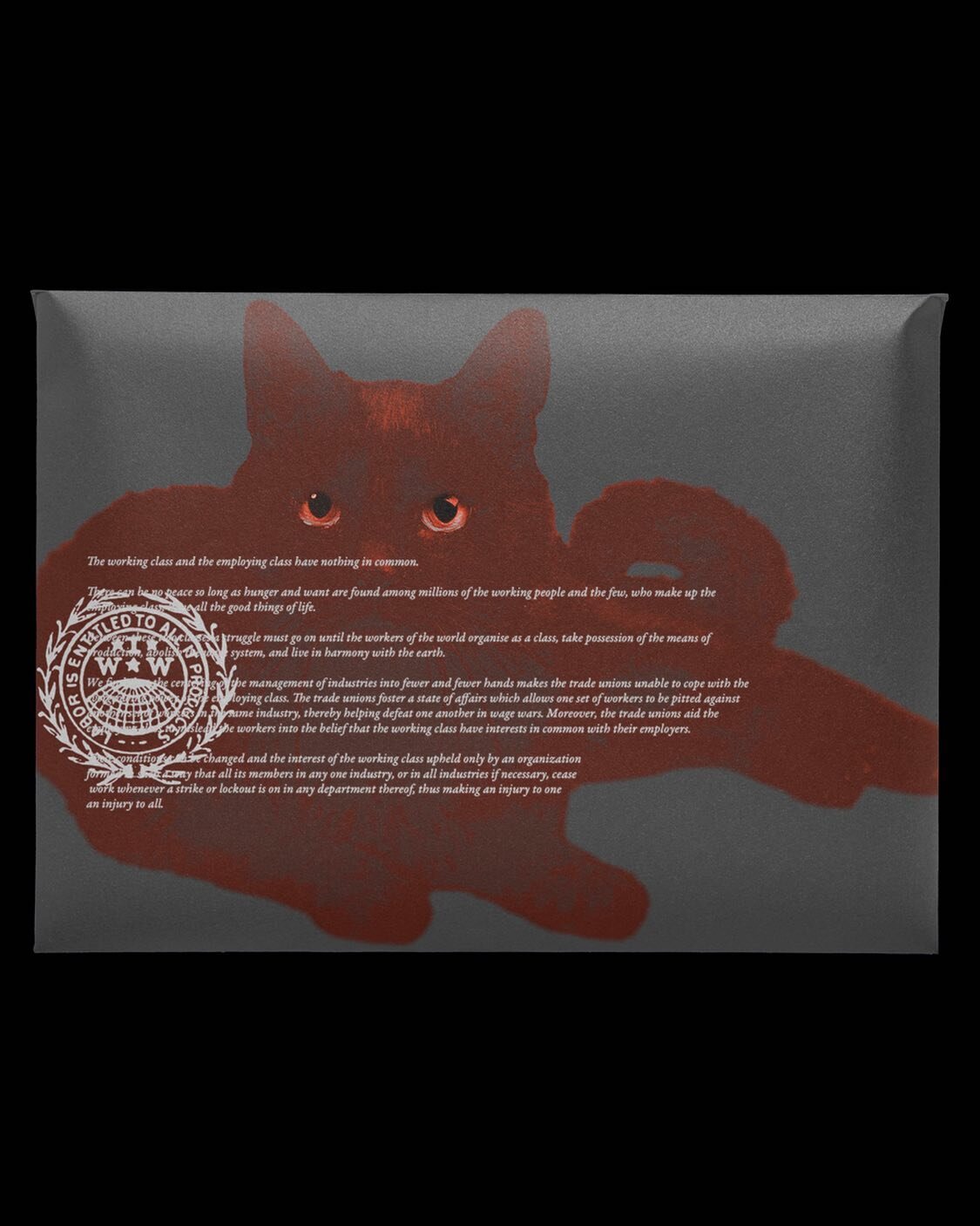 ℒ𝒶𝒷𝑜𝓇 𝒟𝒶𝓎 &laquo;𝒜𝓂𝑒𝓇𝒾𝒸𝒶𝓃 𝓂𝒶𝓎𝒹𝒶𝓎&raquo; 
&bull;
&bull;
&bull;
[black background with horizontal mail package/magazine cover in grey (@blkmarket mock-up!) with a maroon cat (an inversion of the last post) set to fit most of the ar