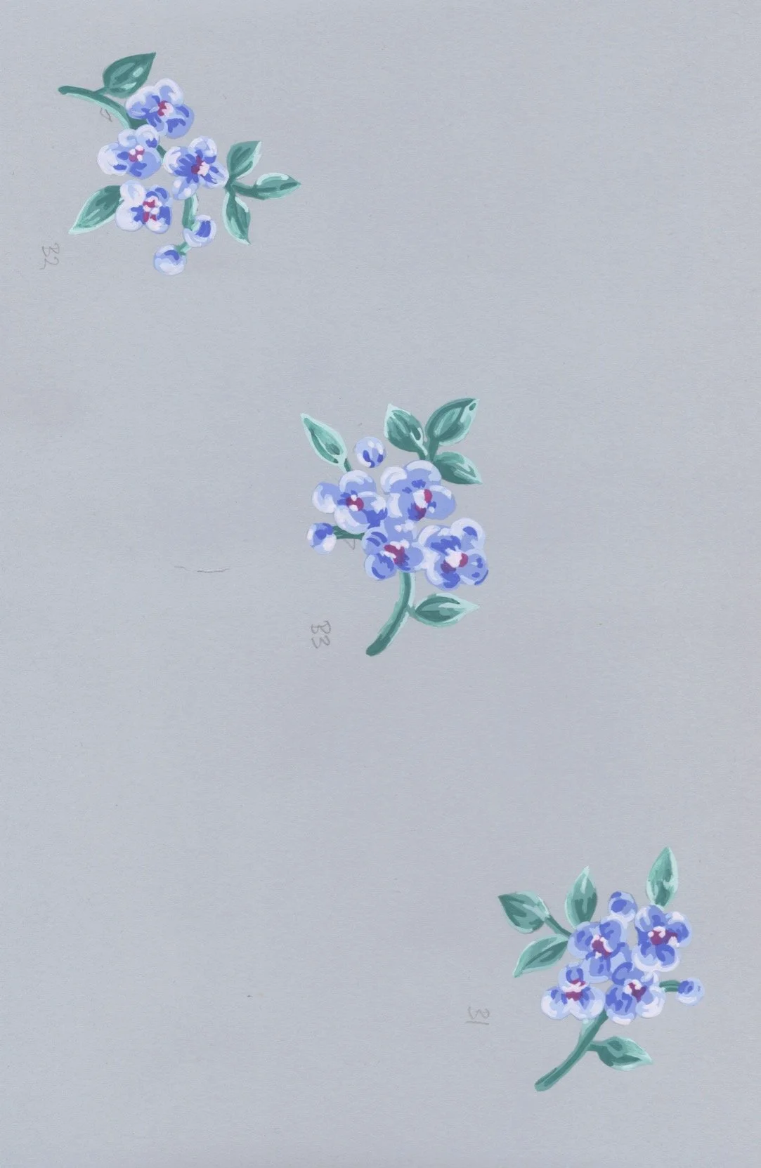Restoration process: each floral motif repainted by hand. Gouache and pencil on card stock. 8 x 10 inches.