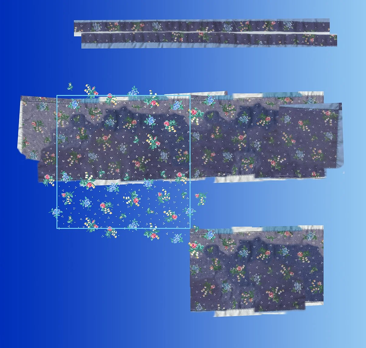 Restoration process: repainted motifs mapped onto reassembled fabric with repeatable square identified.