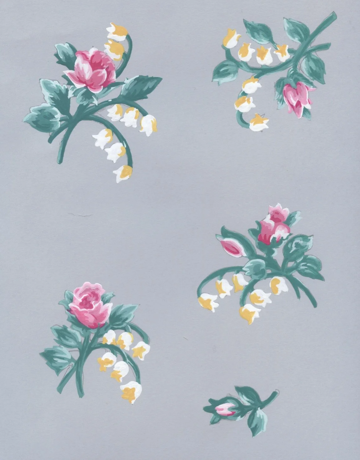 Restoration process: each floral motif repainted by hand. Gouache and pencil on card stock. 8 x 10 inches.