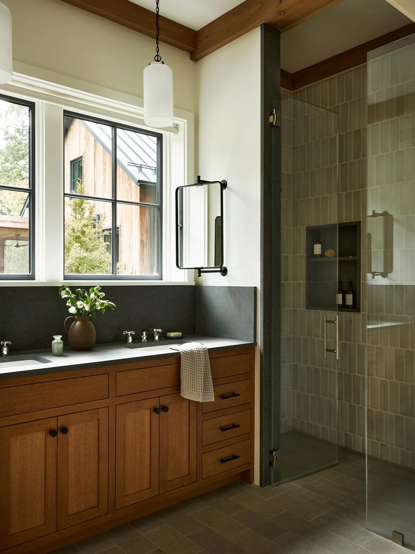 Guest bathroom at our Concord project &mdash; a calming retreat grounded in natural materials #thayerdesignstudio
