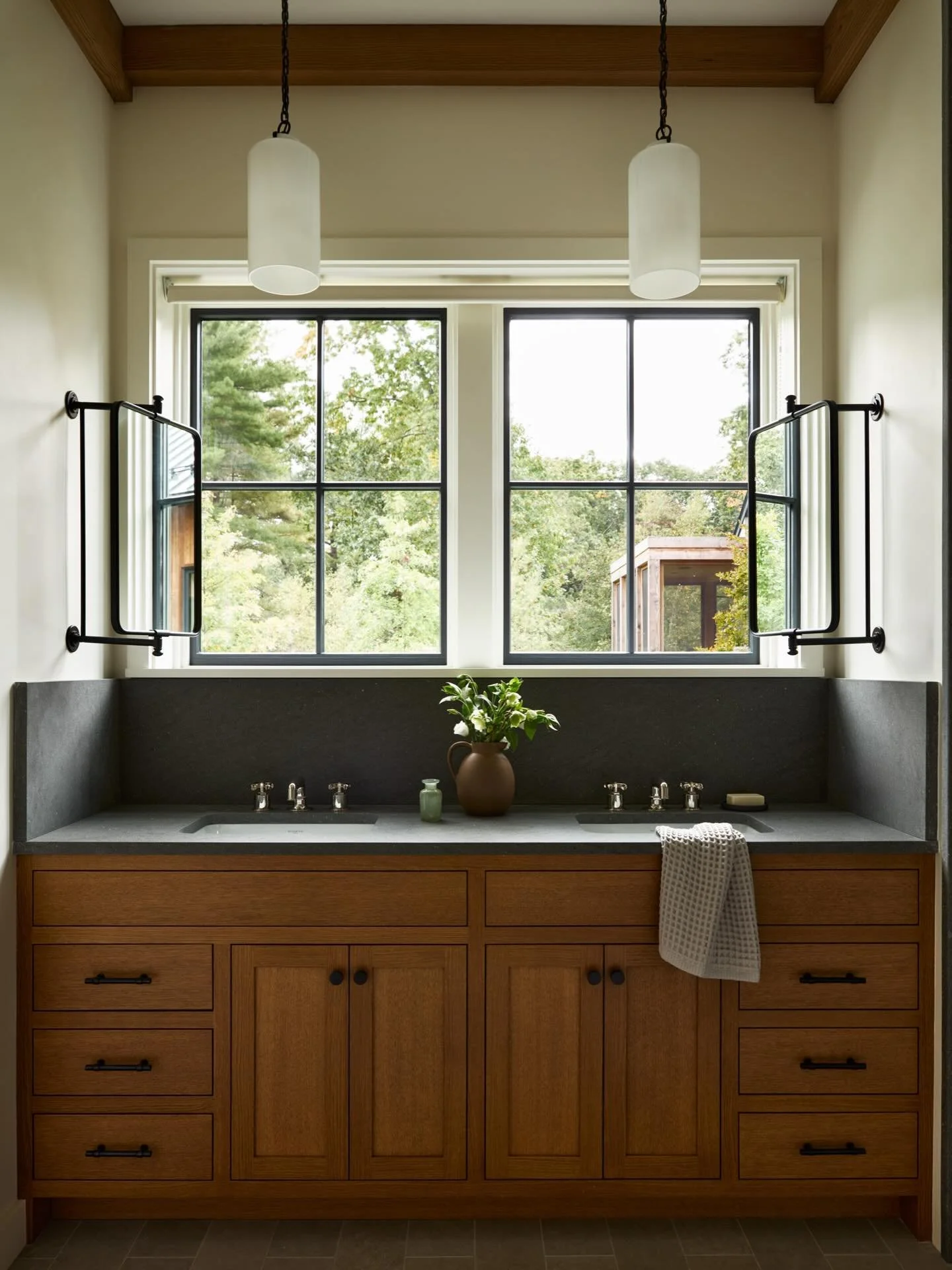 Bathroom full of natural materials and a gorgeous view - what could be better #thayerdesignstudio