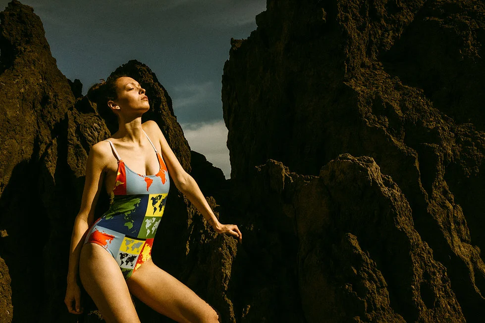 Auria's graphic swimwear made using Econyl from unwanted fishing nets