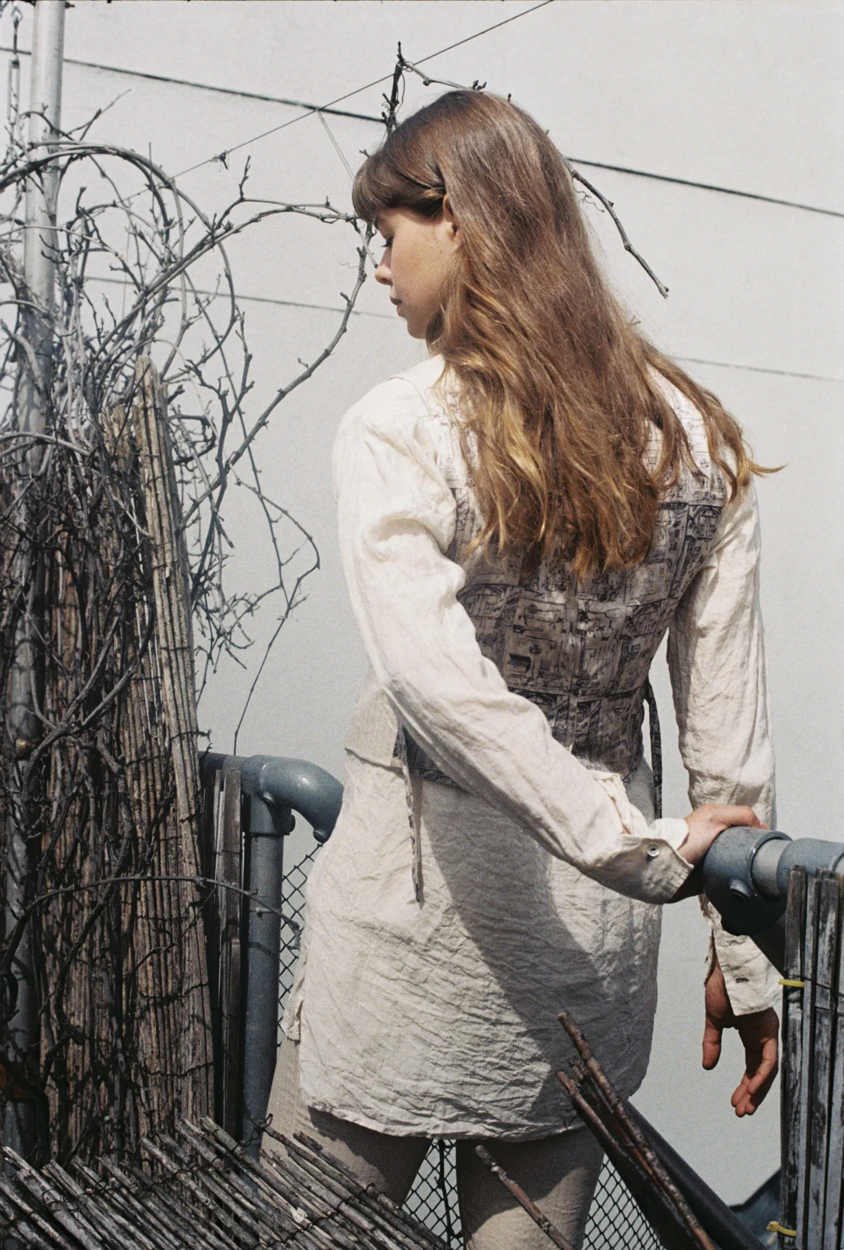 One hand-woven shirt and waistcoat by Geoffrey b. Small, photographed by Ryan Skelton, model Pauline de Bionay 