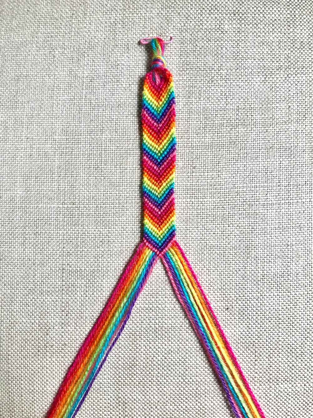 19. Once your bracelet is the preferred length, you will work the second part of the closure. First, separate the threads into two groups.