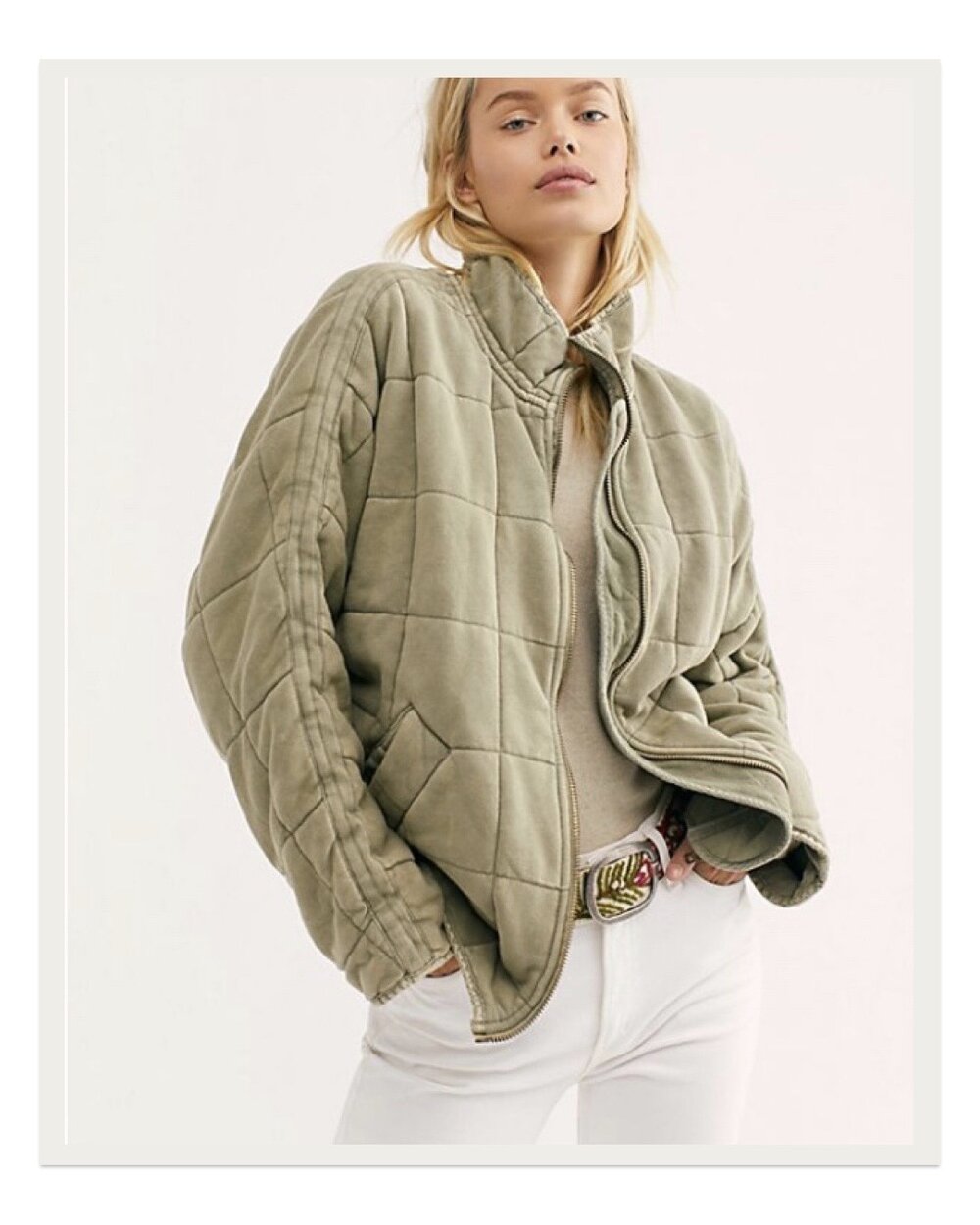 Available in several colors by Free People, this dolman sleeve quilted jacket is the ultimate cozy light coat. It has such an effortlessly cool look to it that’s both on trend and classic, and it feels like wearing an upscale sweatshirt.