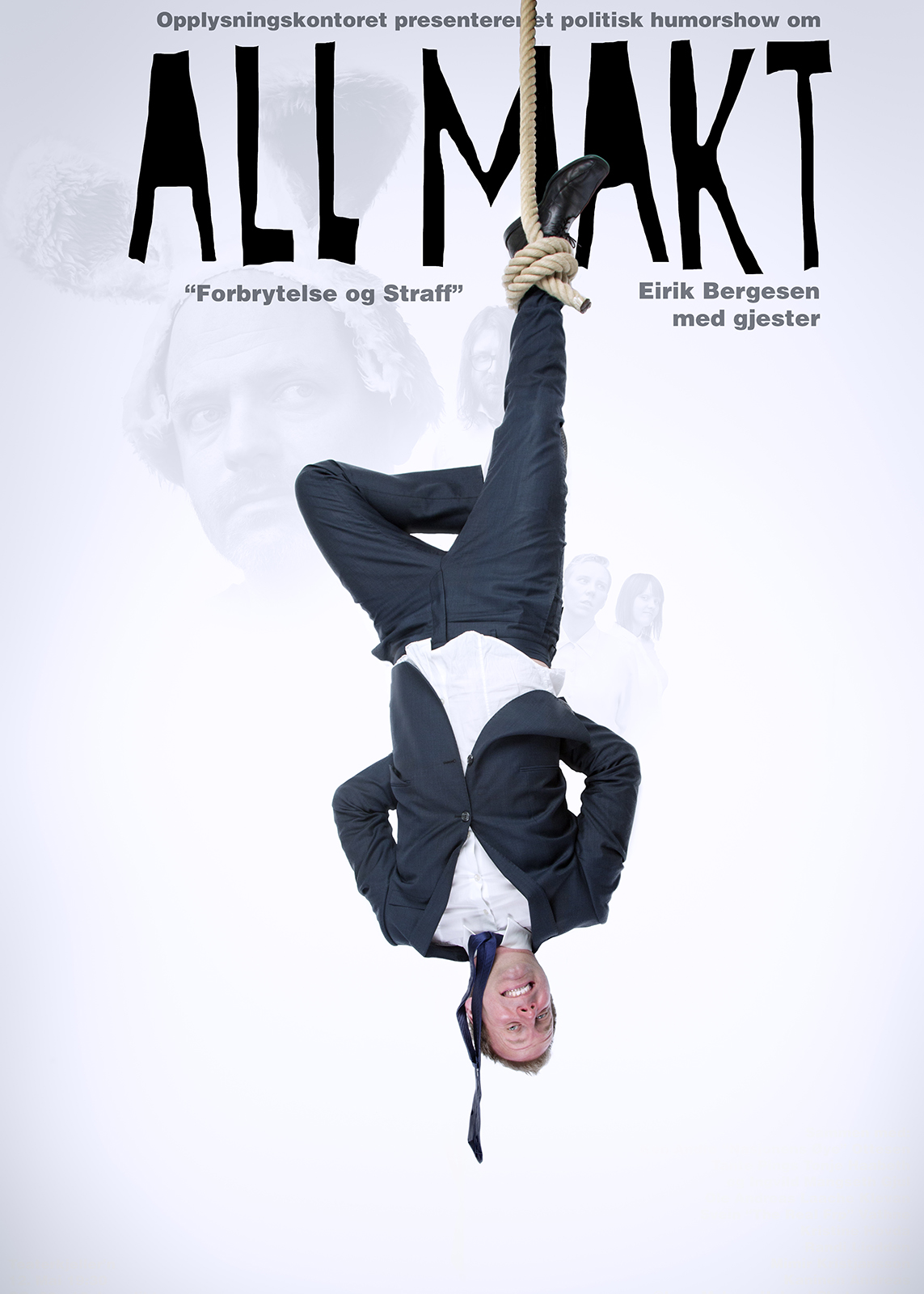 A former diplomat and his posse of bureaucrats, news desk reporters and an imaginary bunny put on a comedy show about crime and punishment. What are the limits of legislation in the "war on drugs"? Do opponents of surveillance have something to hide? No joke! It makes us laugh! They guy on the rope, Eirik Bergesen, was posted in washington as a diplomat before being recruited as a writer for comedy television. The rest of the ensemble are former bureaucrats and media people. I have tried to emphasize the grey and tacit power those positions entail in the design. No crisp colors and reluctant heroes.