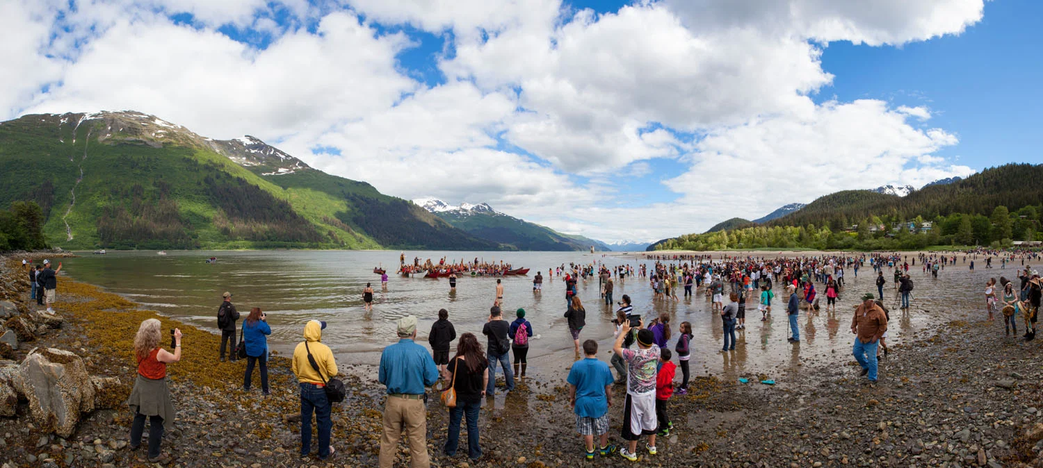 Celebration boats land at Sandy Beach on Douglas Island,2014.