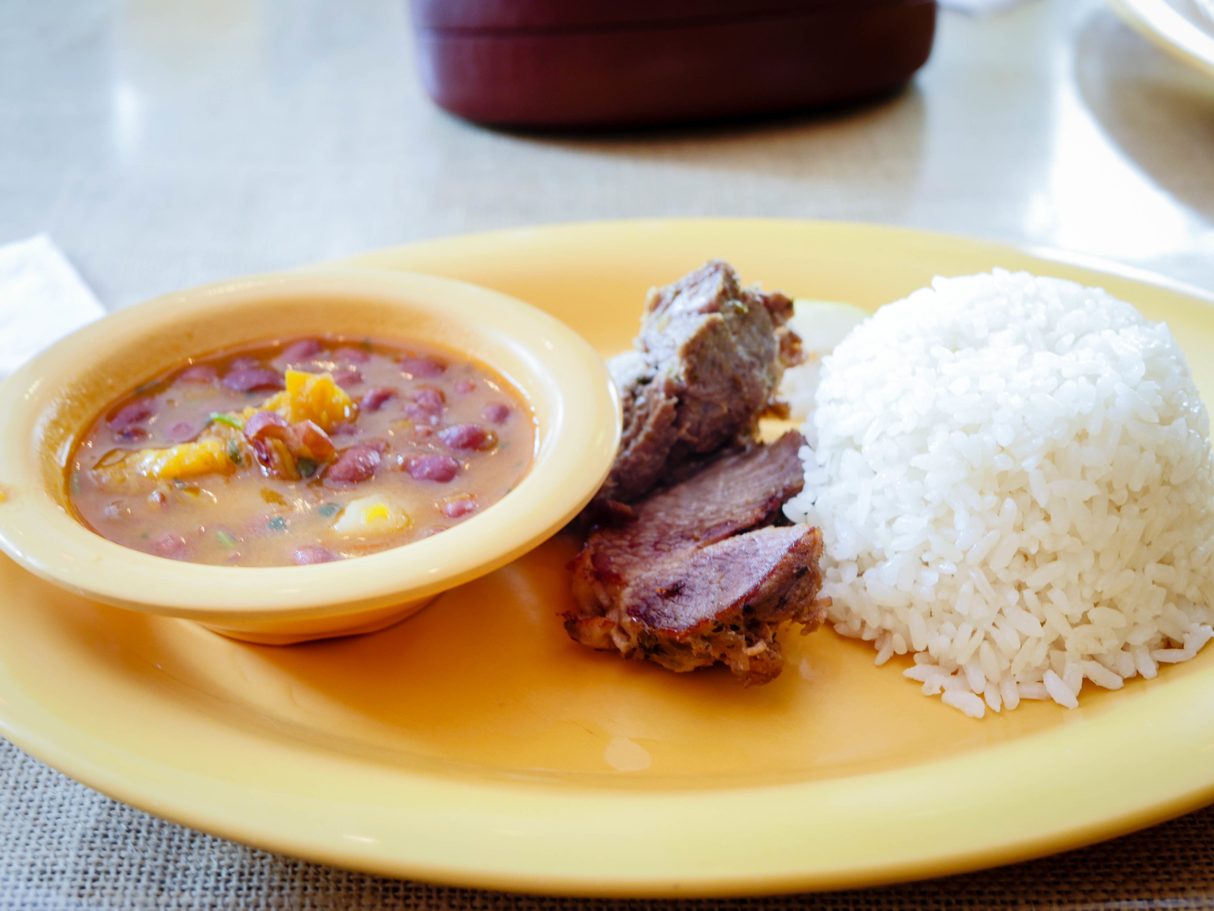 Pork, bean stew, and rice