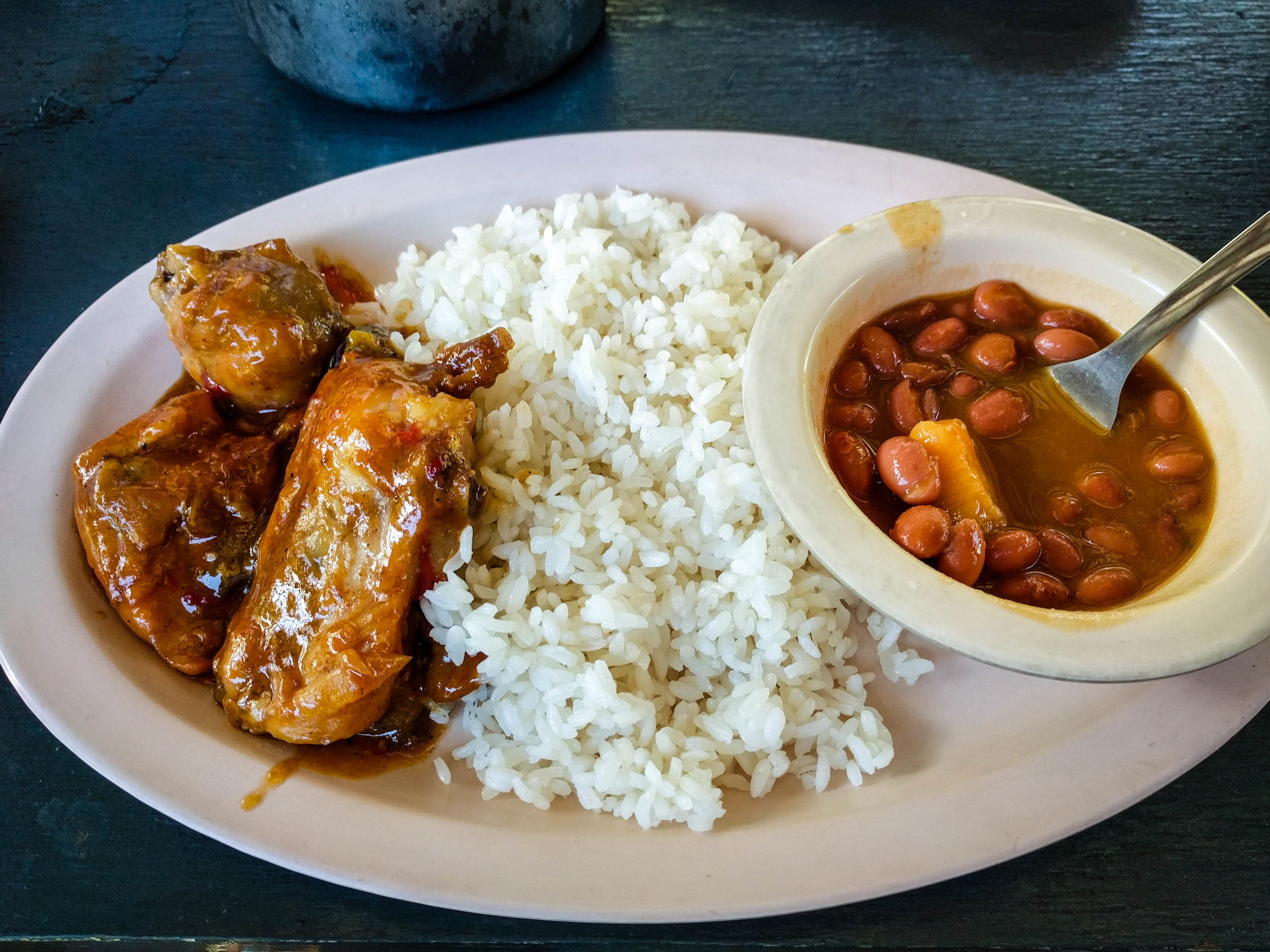 Chicken, rice and beans from a rain forest farm. 
