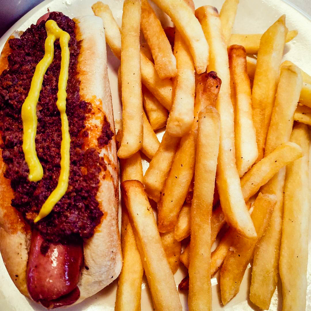 A Detroit Coney with french fries from The Grand Coney