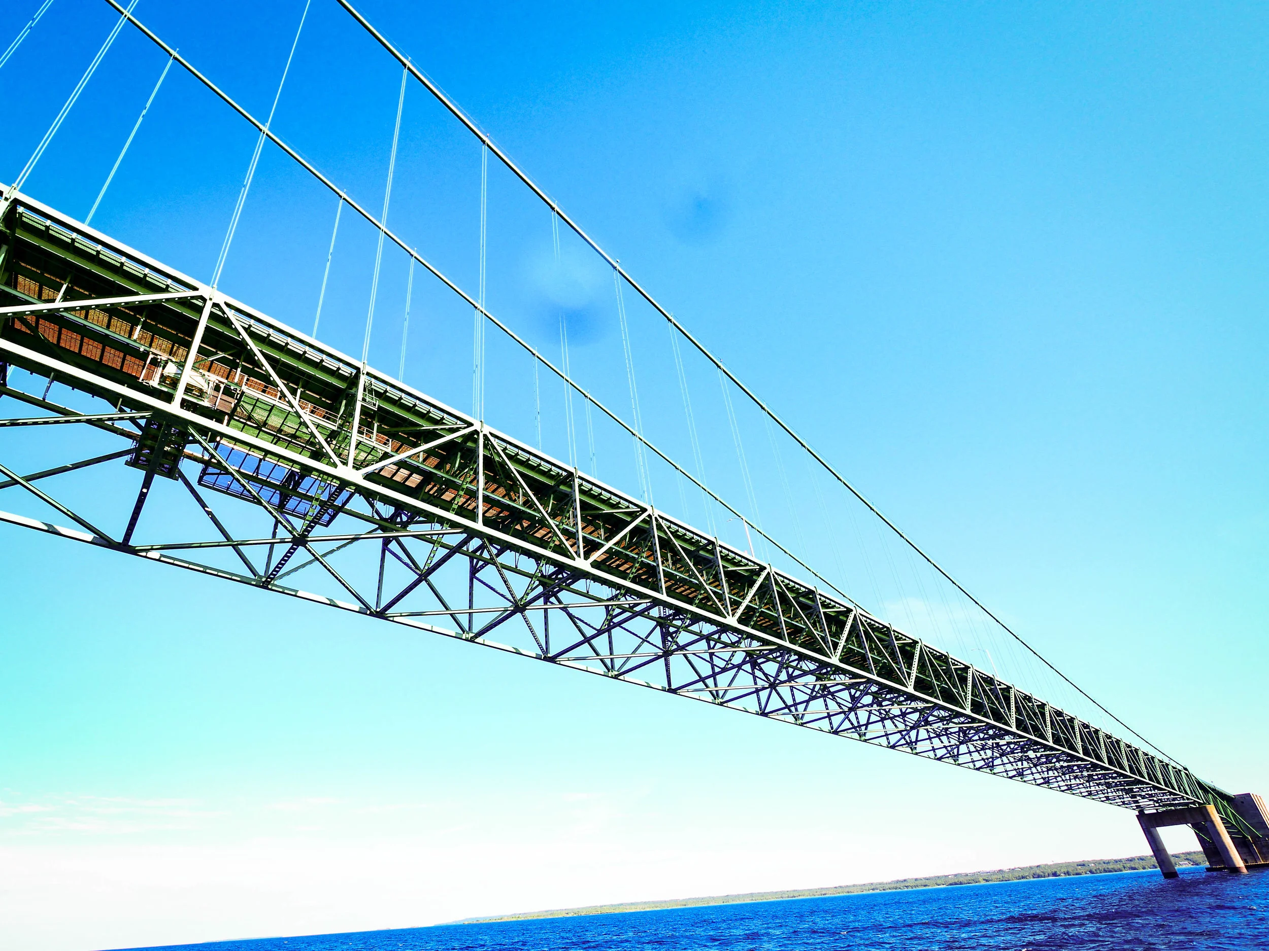 Mackinac Bridge connecting the two peninsulas of Michigan is the world's 19th longest main span and the longest suspension bridge between anchorages in the western hemisphere.
