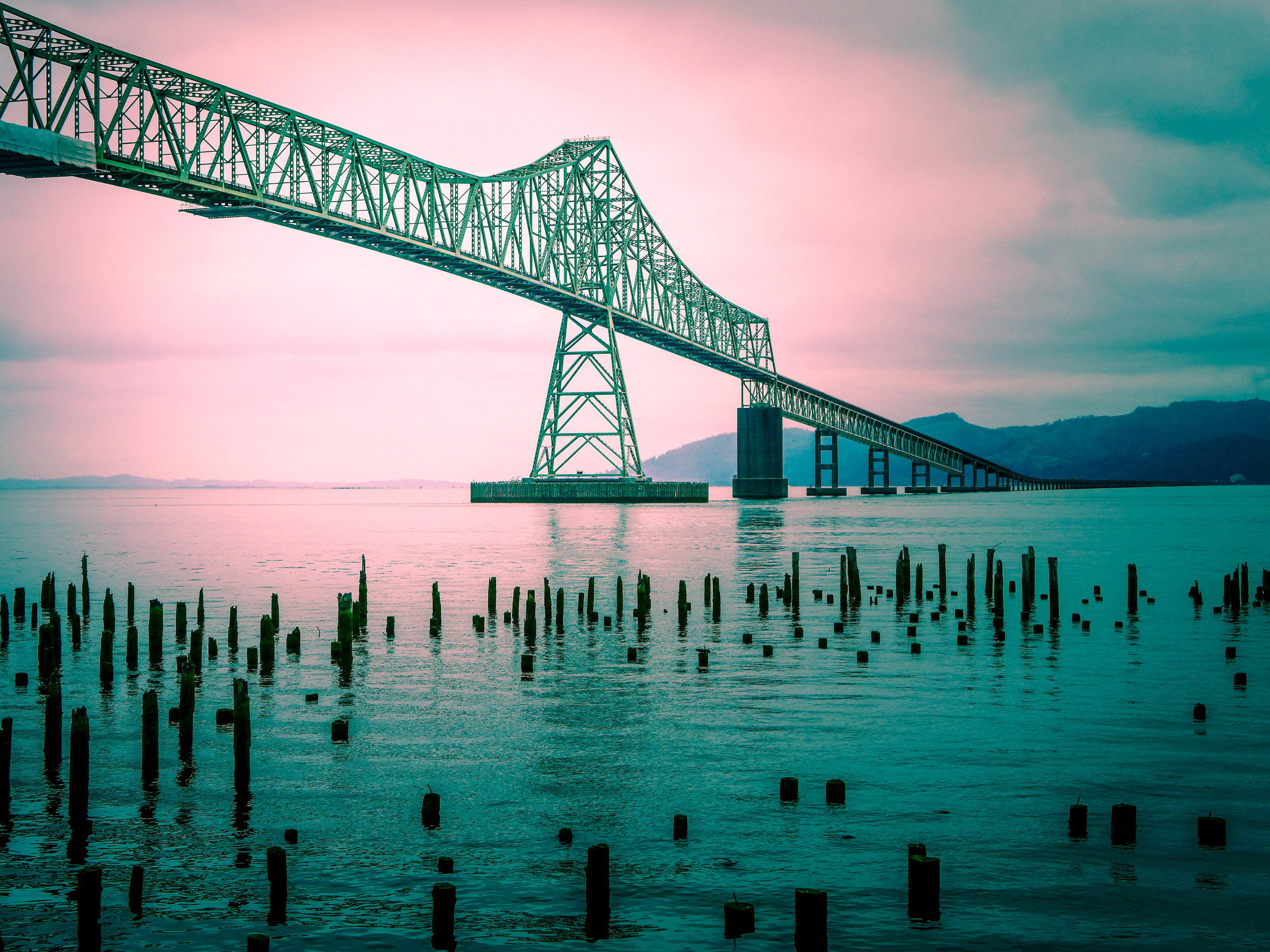 The Astoria-Megler Bridge crosses the Columbia River.