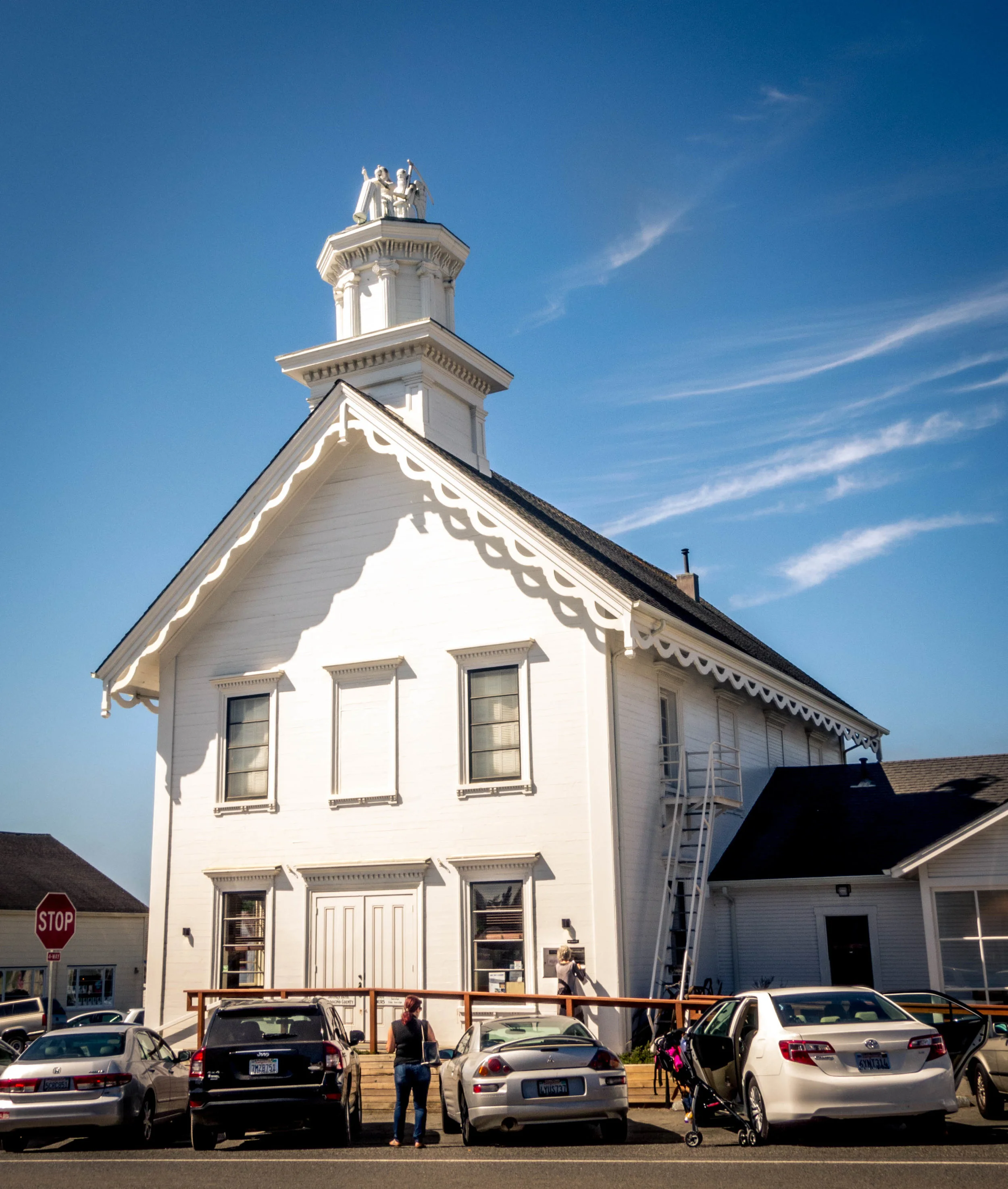 A bank building in Mendocino Village on the northern California coast. 