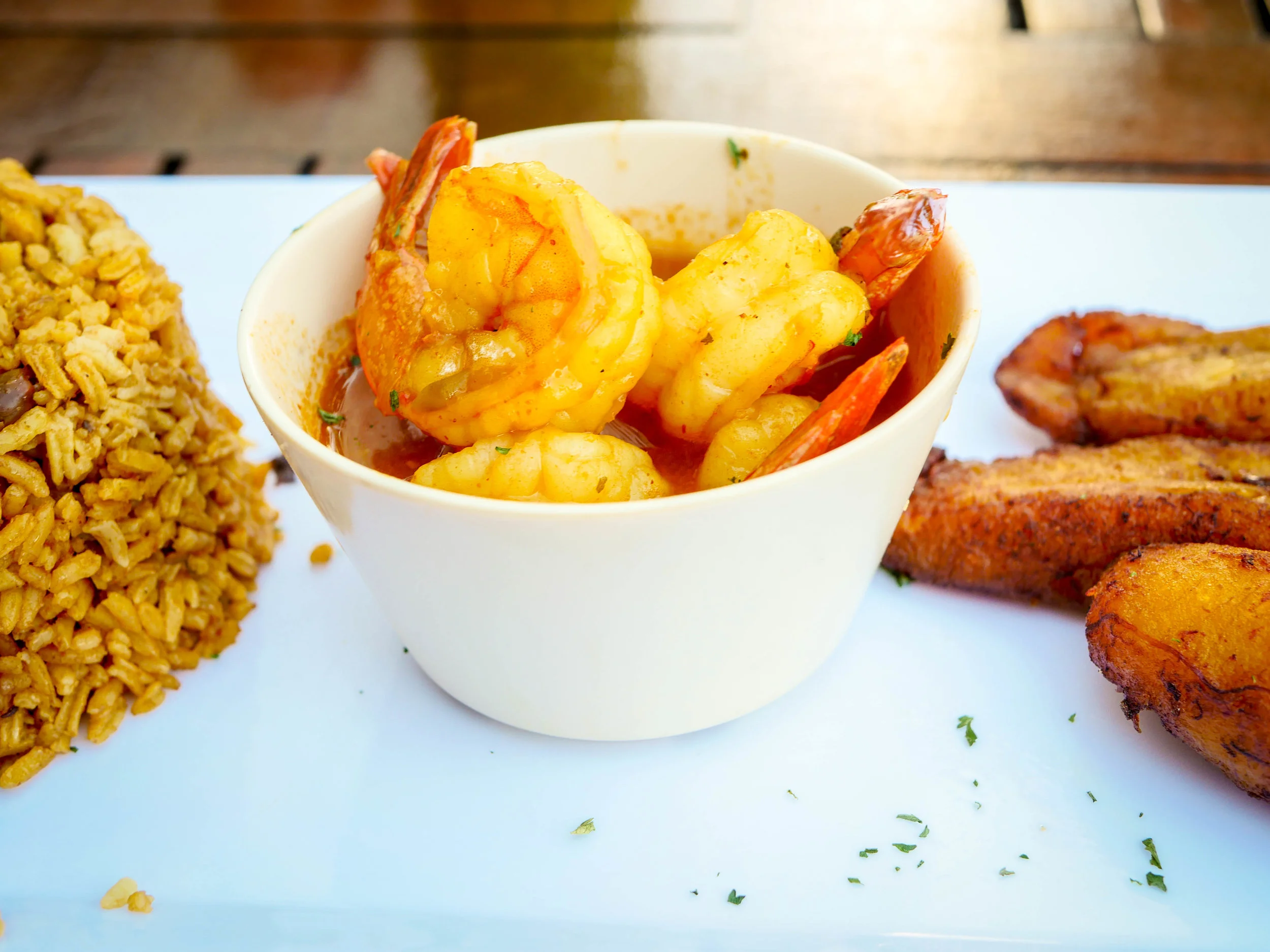 Shrimp creole with plantains and arroz con gandules. 