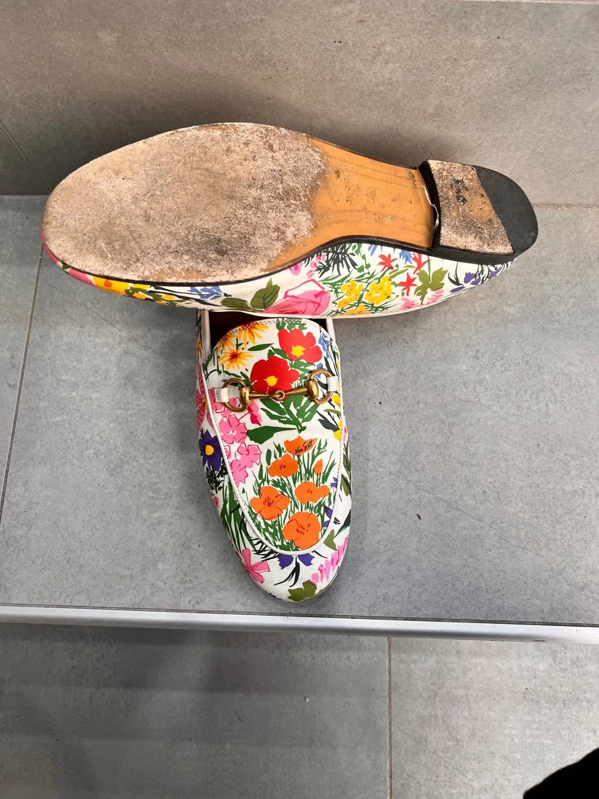 Gucci floral loafers before repair