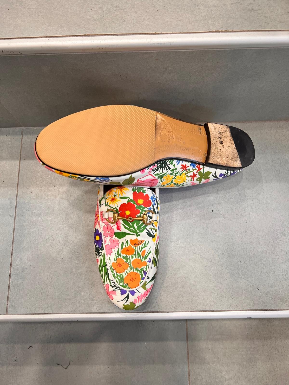 Gucci floral loafers after repair
