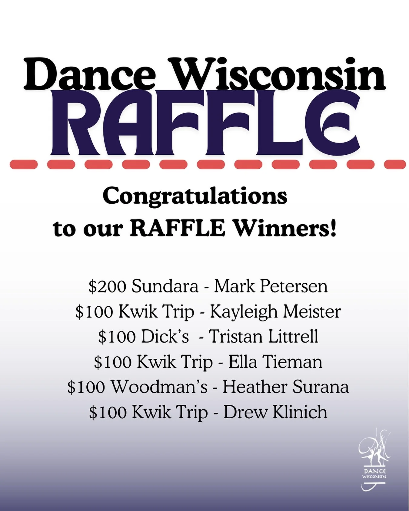 Congratulations to our raffle winners. Thank you to everyone that purchased a ticket and for supporting the Dance Wisconsin dancers.