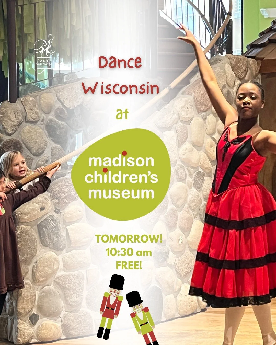 Come visit us at @playatmcm  TOMORROW morning! 

We'll be in downtown Madison for some Nutcracker fun on December 7 at 10:30am! This is your chance to meet some of the characters from Dance Wisconsin's &quot;The Nutcracker&quot;! Get a sneak preview 