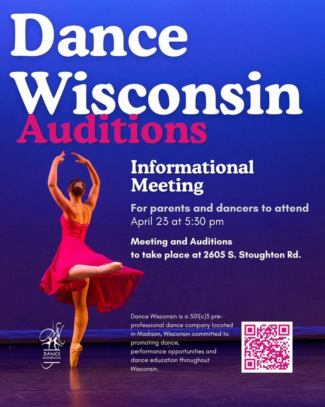 TOMORROW!

The auditions for our 2026-2027 season are coming up fast! Are you curious and want to learn more about what it's like being in Dance Wisconsin's company? Join us tomorrow, April 23 at 5:30pm at 2605 S Stoughton Rd for an informational mee