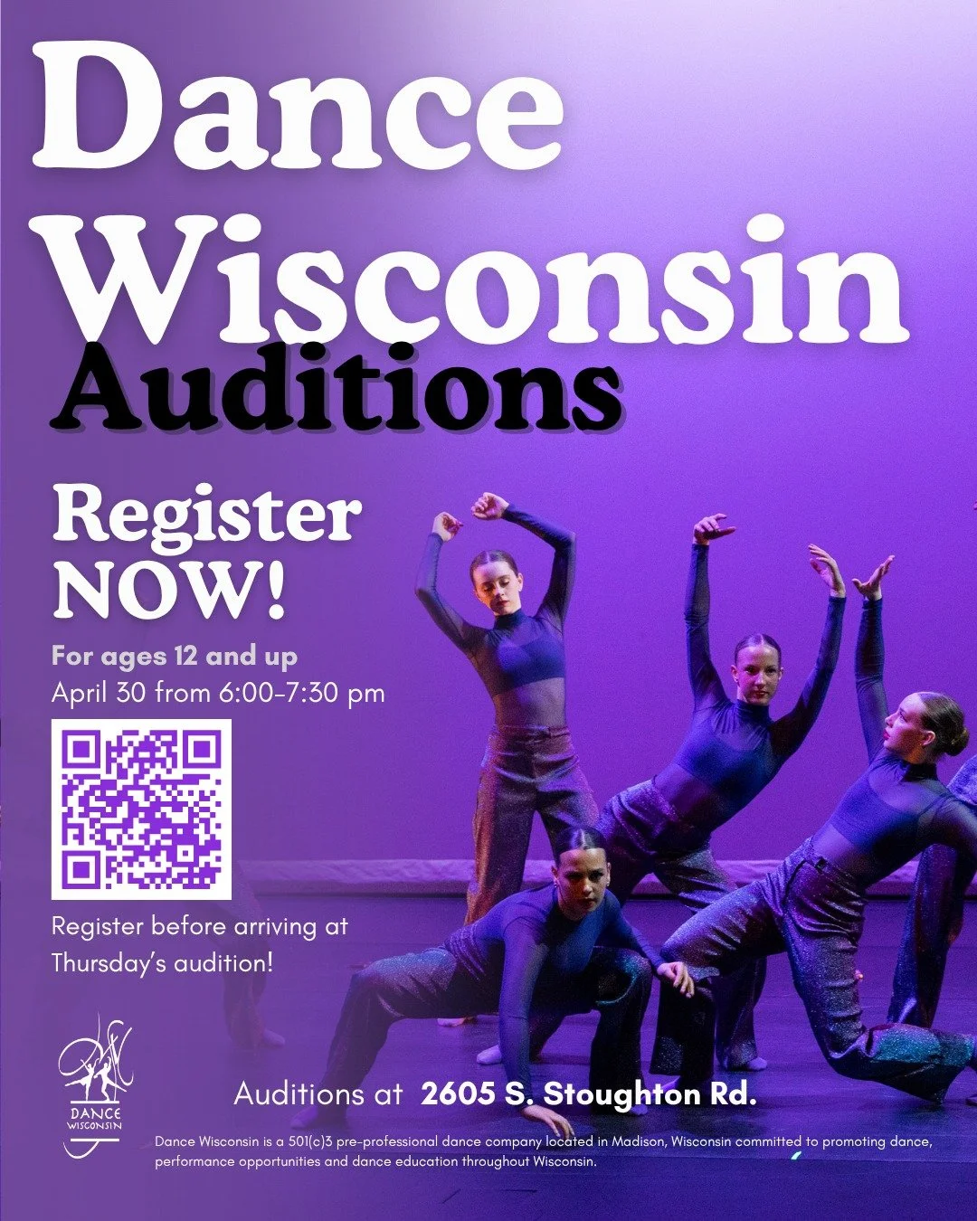 REGISTER NOW!

Auditions are this week! Join us on Thursday for company auditions for our 2026-2027 season! Dancers ages 12 and up from any dance school are welcome! Let us know you're coming by filling out our registration form under the "AUDIT