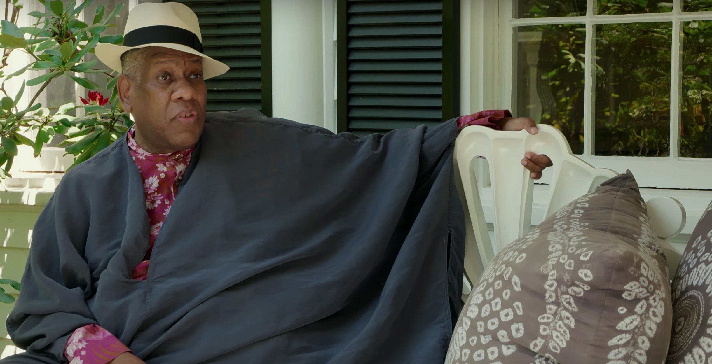 Andre Leon Talley on fron porch of his White Plains, New York home