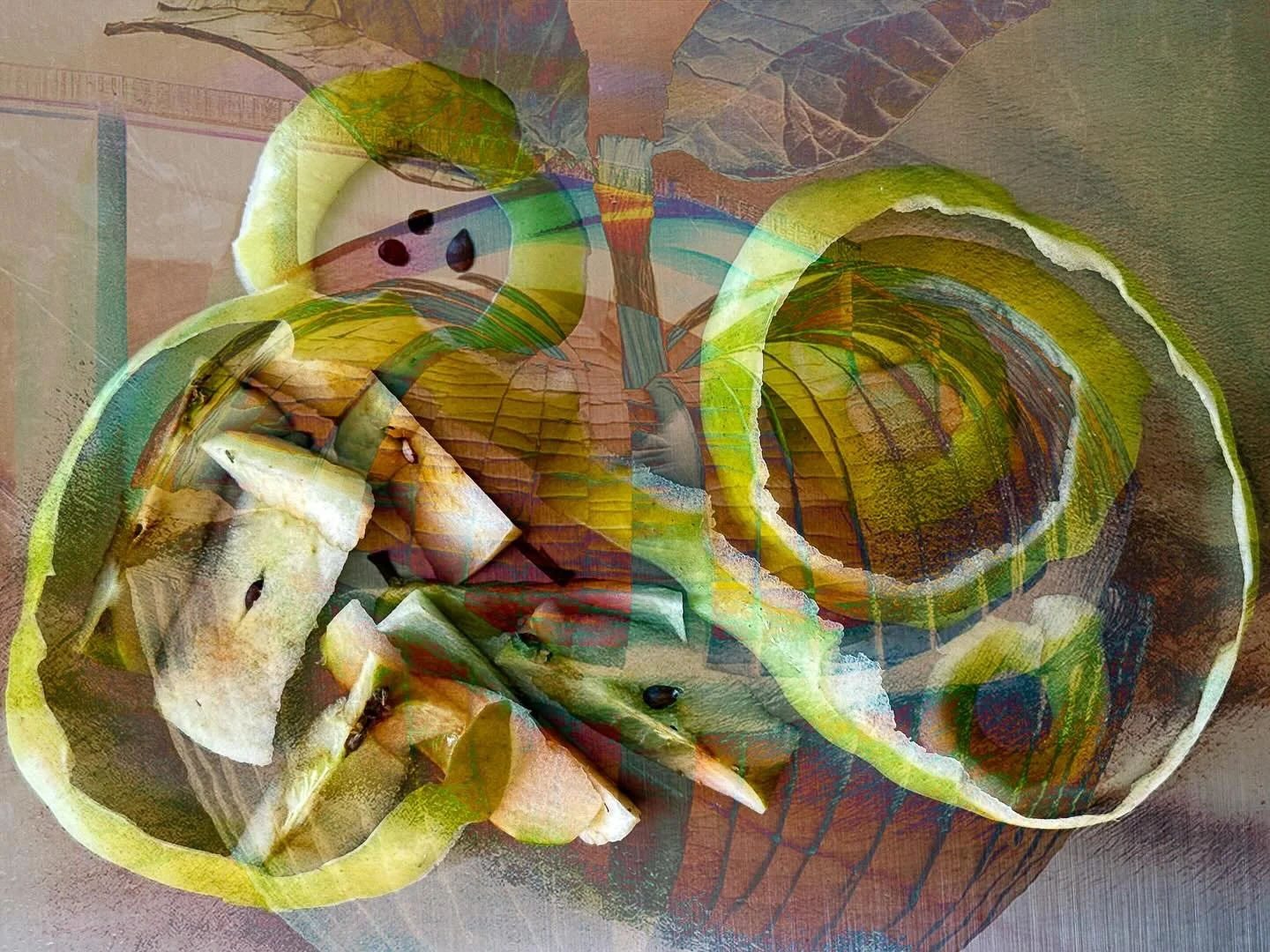 20260304 fgmaap #fotografik_zaengerlein #Apple peeled by hand, refreshing taste, impressive new colour composition and shape, designed differently #contemporaryart digitalart photoart fineartprint