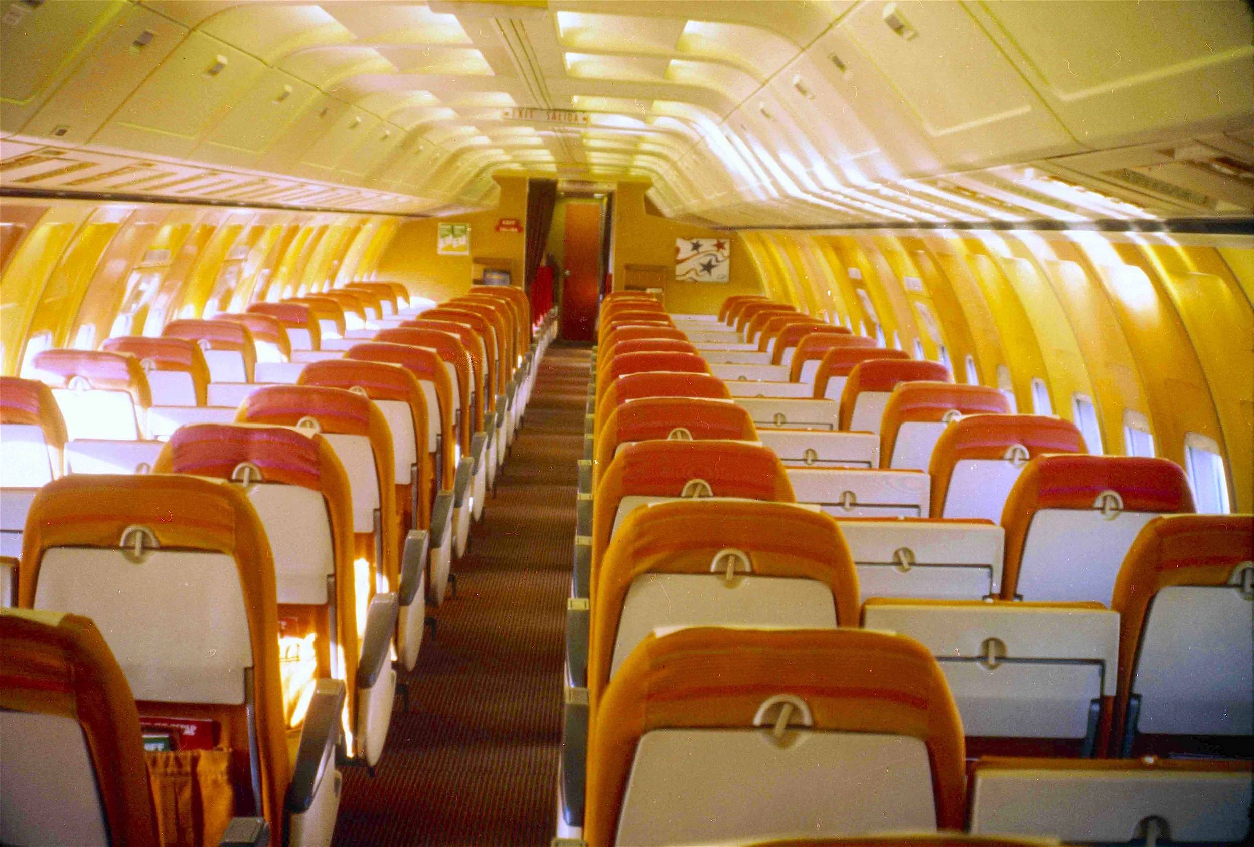 1971 727 Braniff Place High Wide and Handsome Coach Class Interior with Jack Lenor Larsen Seating Fabric